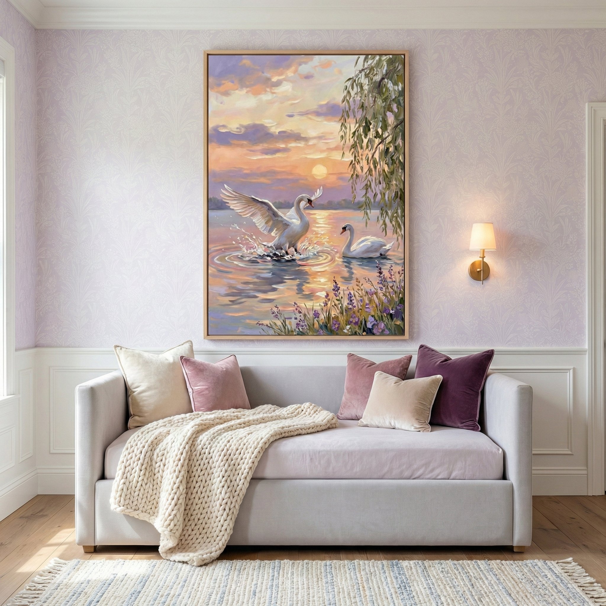 A large rectangular art piece hangs on a lavender-patterned wall above a light grey sofa. The framed art piece depicts two white swans on a lake at sunset. One swan has its wings spread as it lands on the water, creating a splash, while the other swan floats nearby. The sky is filled with clouds in hues of orange, pink, and purple, with a glowing sun reflected on the water's surface. A weeping willow branch and purple wildflowers frame the scene. 
