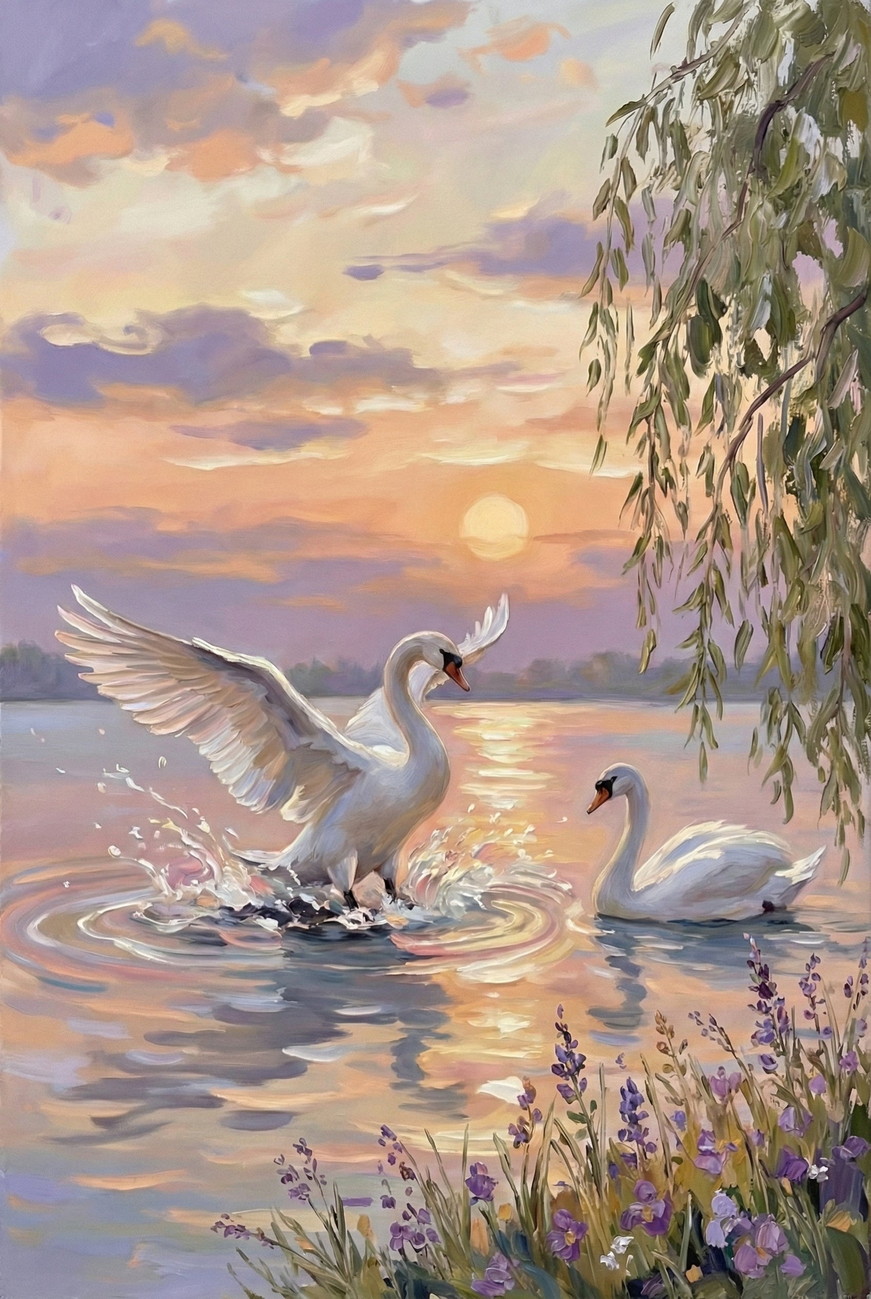  Two white swans glide across a calm lake at sunset as golden light reflects on the water. Purple wildflowers and overhanging willow branches frame the romantic pastel sky in the background.

