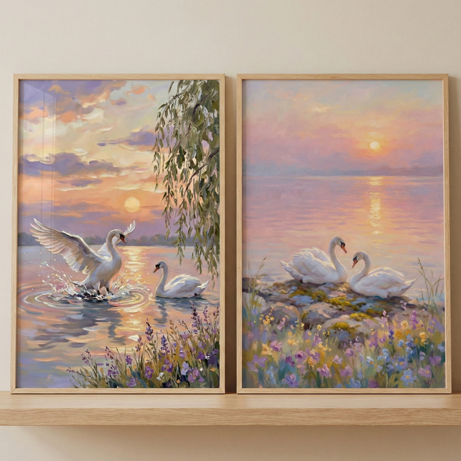 A pair of vertical, rectangular artworks in thin light-wood frames, sitting on a wooden ledge against a cream-colored wall. Both pieces feature a serene, romantic landscape in an impressionistic style with rich texture. 

