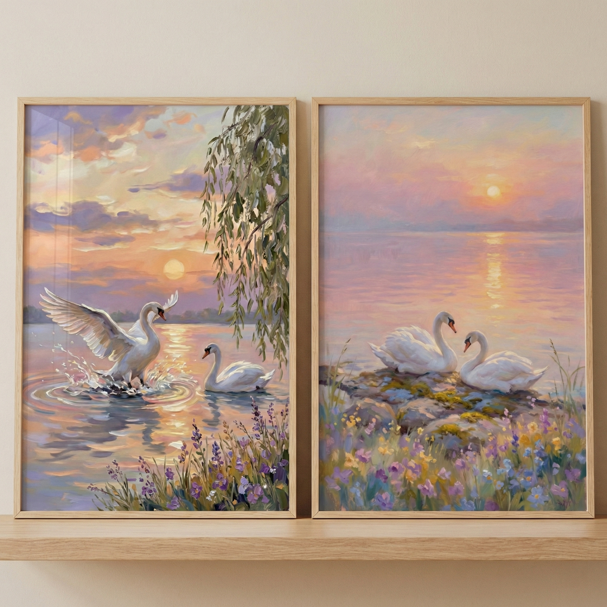 White Swan Print Set of 2 - Golden Hour Swans