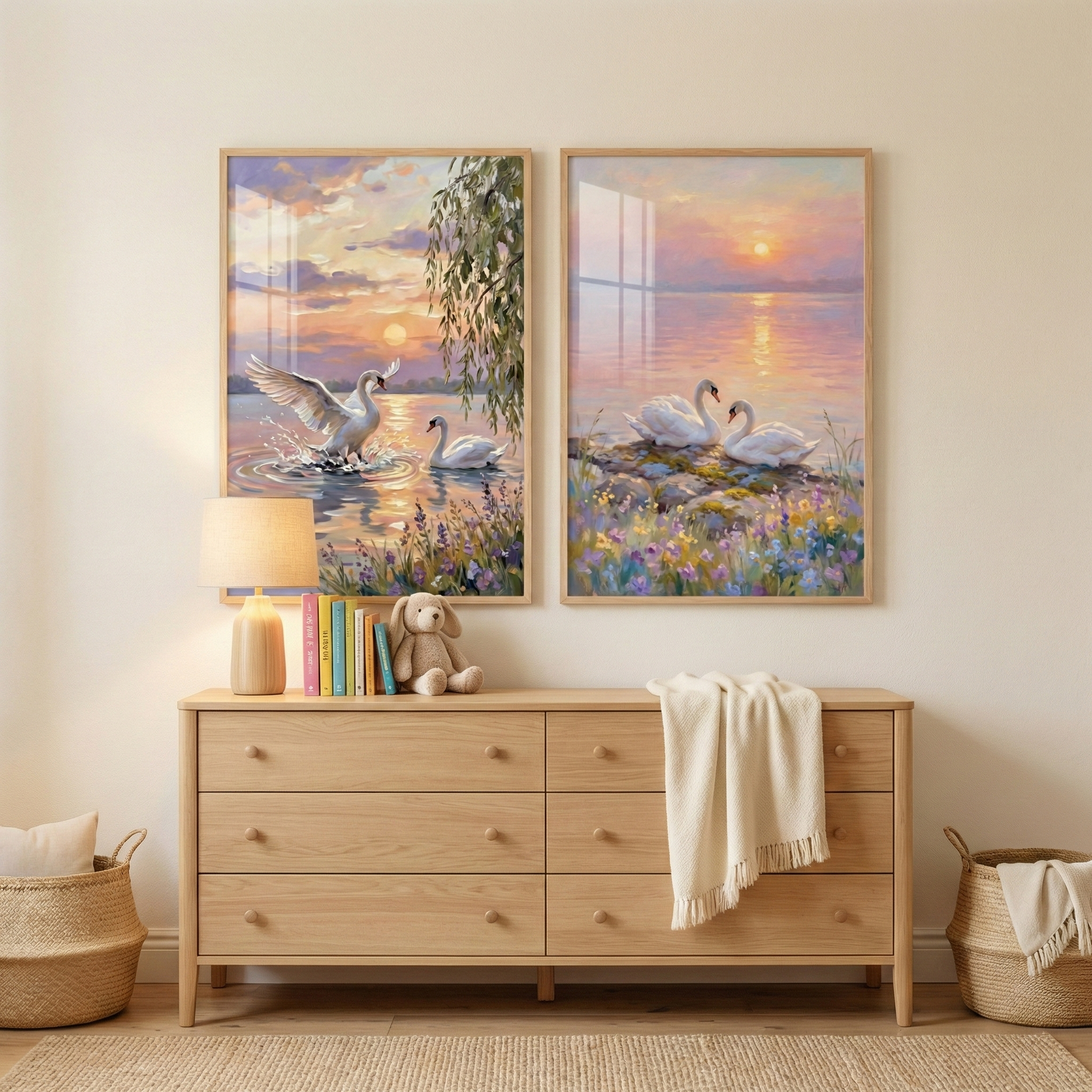 White Swan Print Set of 2 - Golden Hour Swans