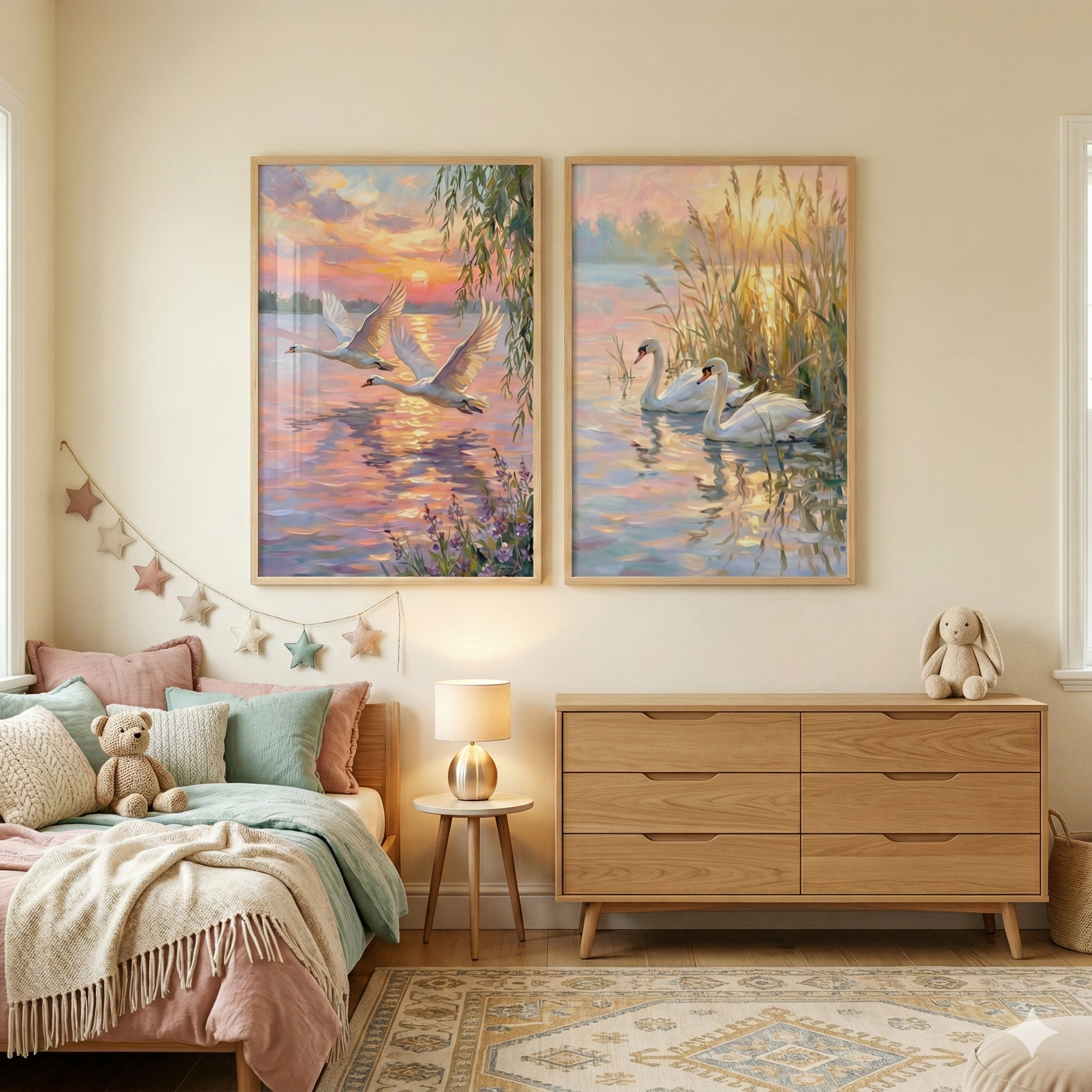 White Swan Wall Art Set of 2 - Sunset Swan Flight