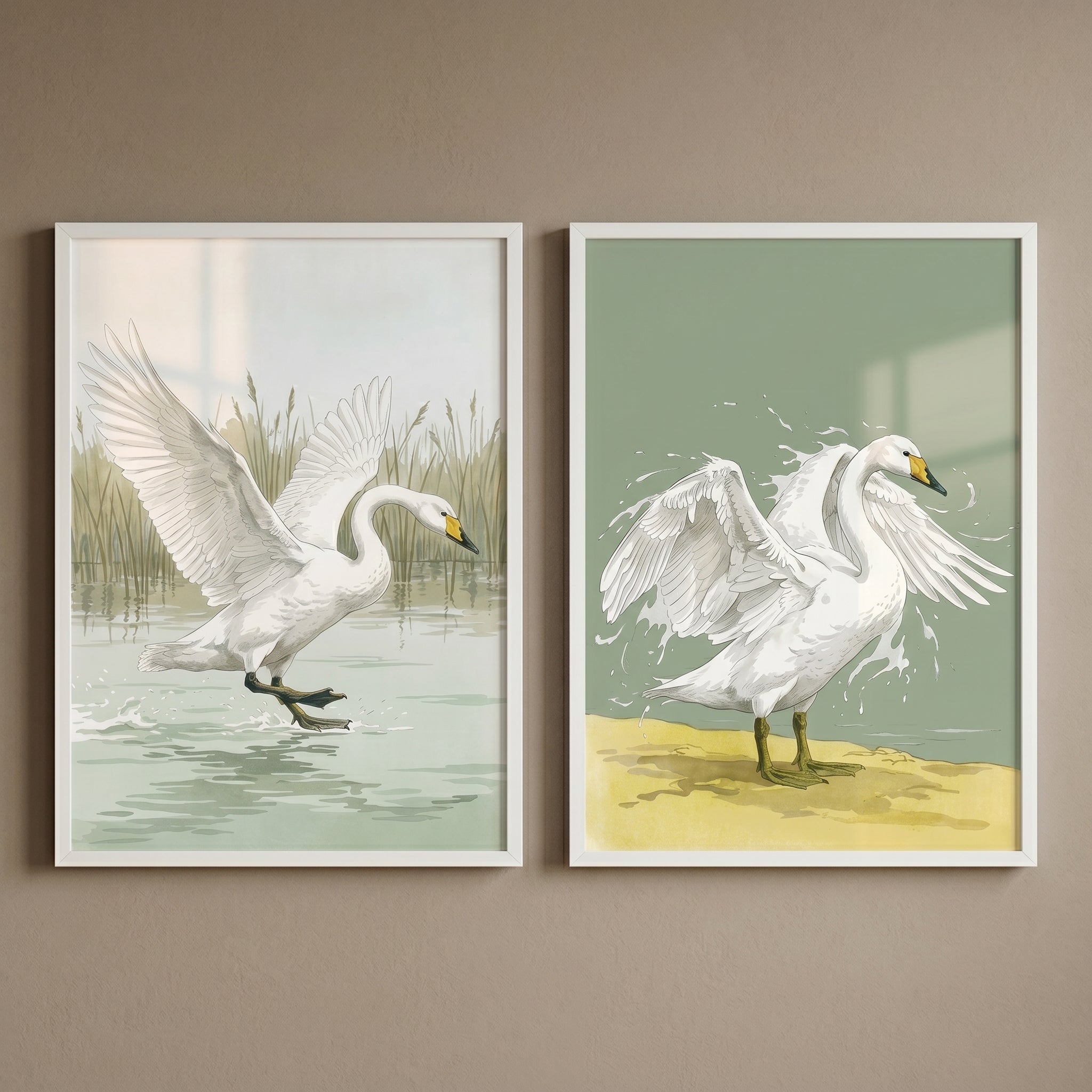 White Wing Spread Swan Wall Art Set Of 2 - Majestic White Swans
