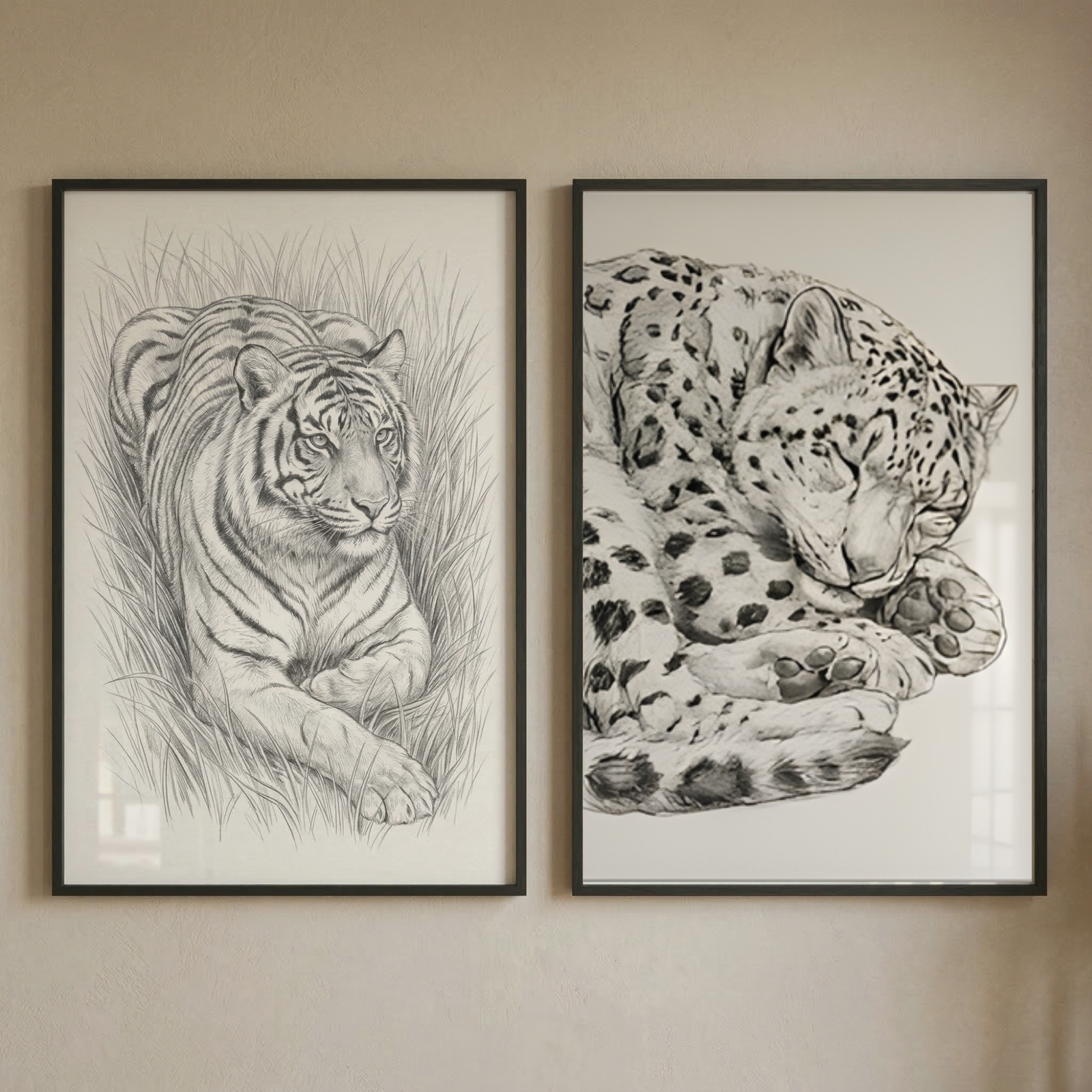 Two vertically oriented black frames are hung side-by-side on a light beige wall. Inside the frames are detailed black and white pencil or charcoal sketches of big cats. 

The frame on the left contains an illustration of a tiger lying down in tall grass, looking directly ahead with its front paws crossed. The frame on the right shows a leopard curled up and sleeping in a similar grassy environment.