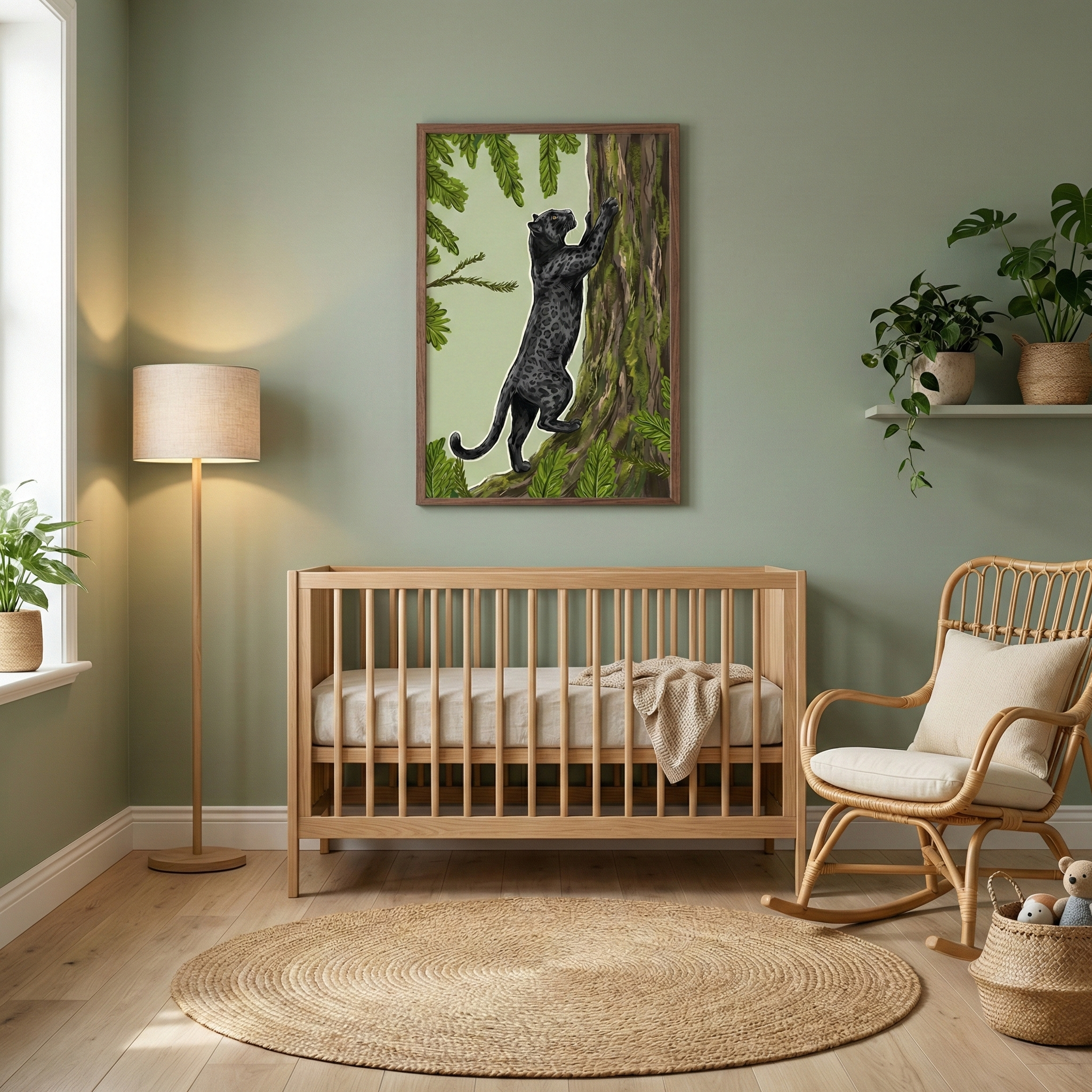 A cozy nursery with sage green walls and light wood flooring features a simple wooden crib centered against the wall. Above the crib hangs a framed illustration of a black leopard with subtle spots climbing a large tree trunk against a backdrop of jungle leaves. To the left is a minimalist floor lamp, and to the right, a wicker rocking chair with light cushions. A round jute rug rests on the floor, while potted plants on a shelf and a basket of soft toys add warmth to the room.