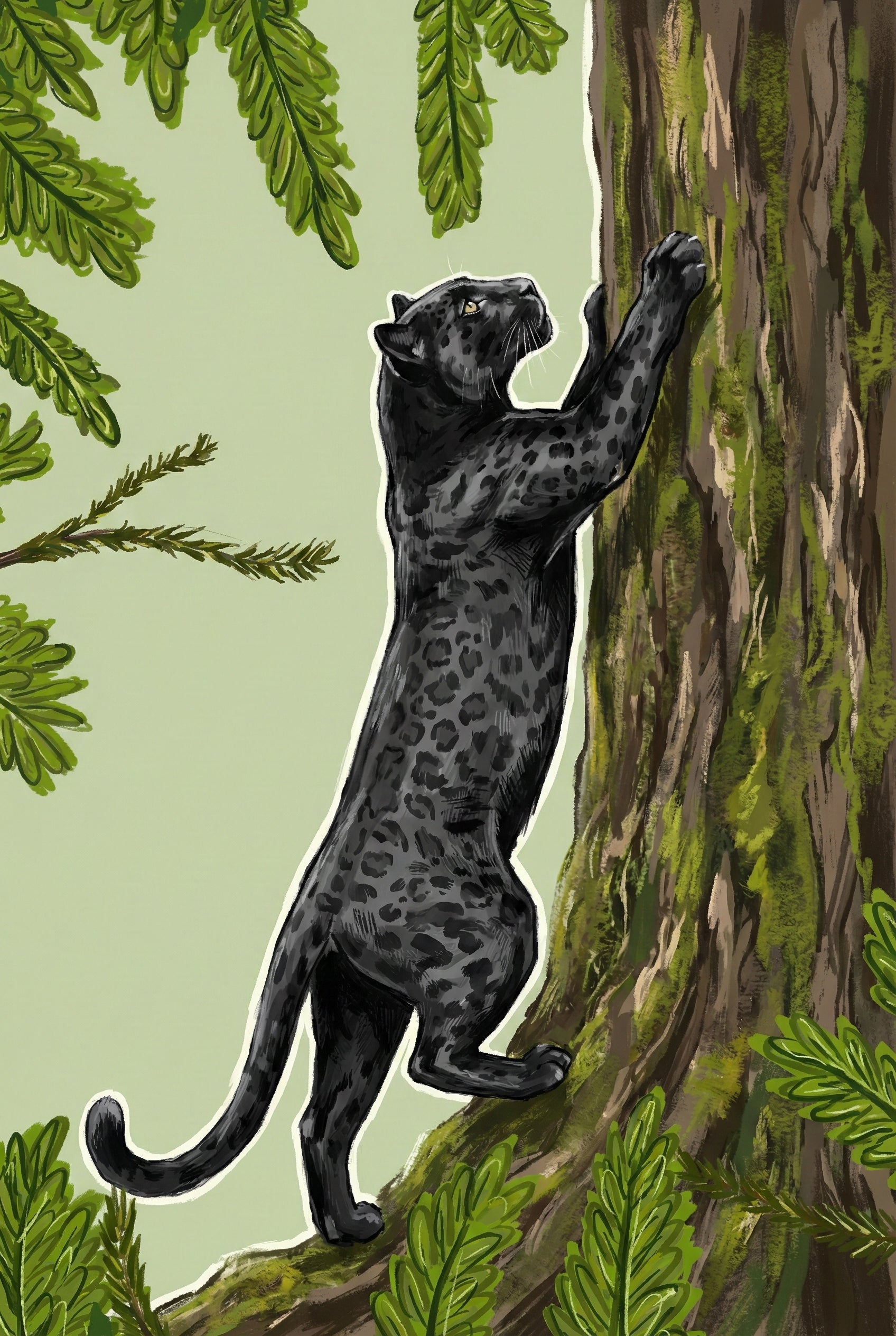 A stylized digital illustration depicts a sleek, melanistic big cat, such as a leopard or jaguar, climbing a thick, mossy tree trunk. Its fur is primarily black with subtle, darker rosettes visible throughout. The animal's body is elongated as it reaches upward, claws digging into the textured bark. Lush green fern-like leaves and branches frame the scene against a solid pale green background. A thin, bright white outline emphasizes the cat's silhouette as it looks toward the top of the tree.