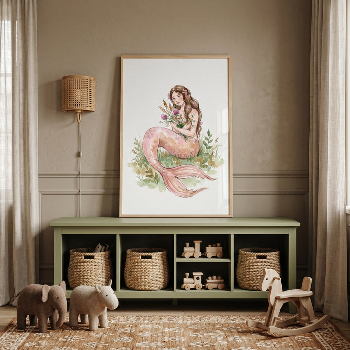 Wildflower bouquet pink mermaid wall art rests on a green shelf in a nursery with woven baskets and wooden toys.
