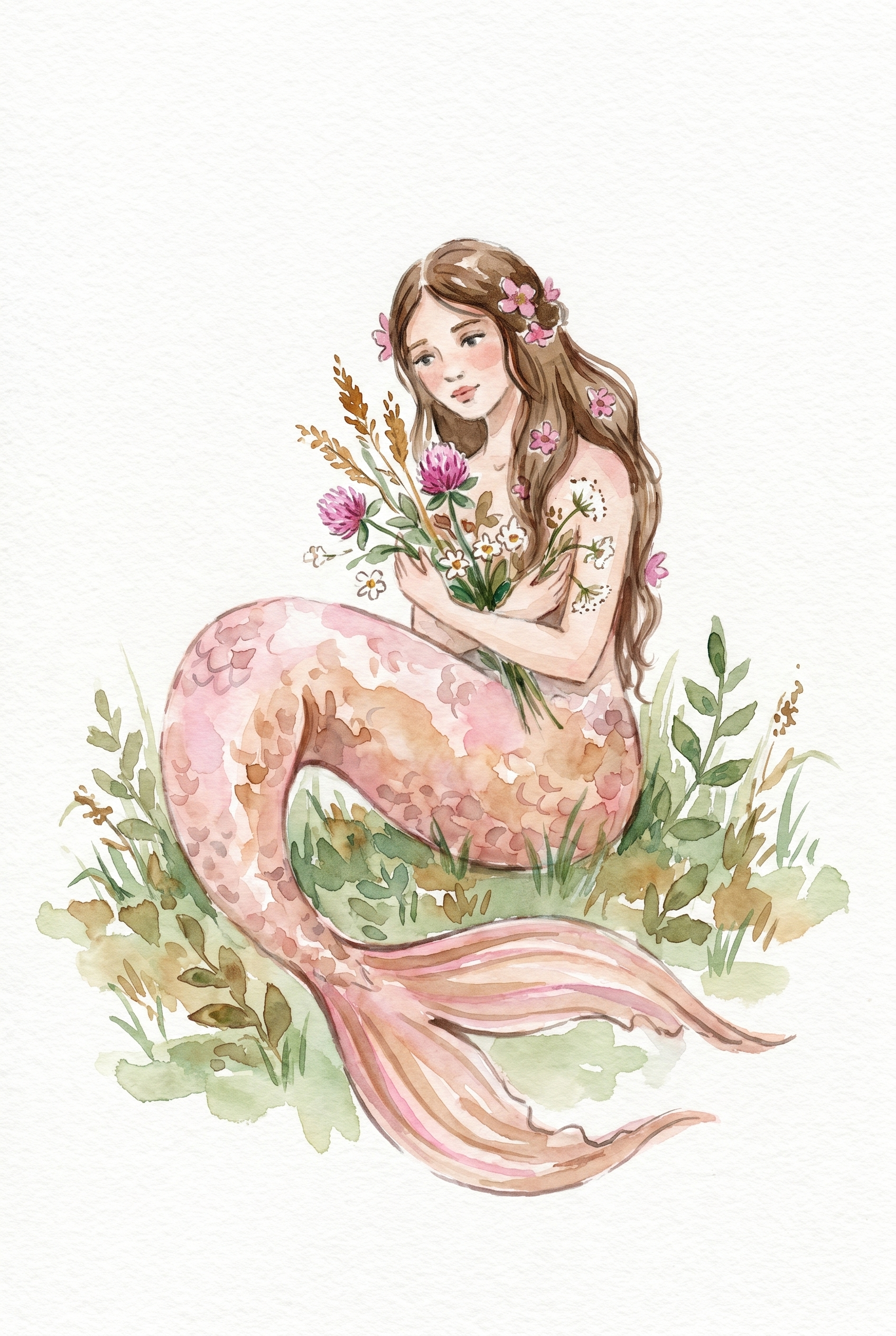 Wildflower Bouquet Pink Mermaid Wall Art - Meadow Mermaid