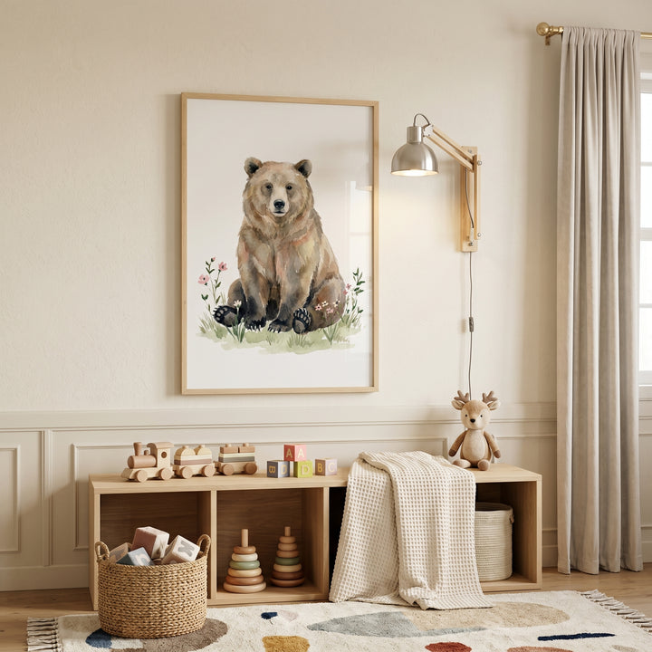 A cozy nursery features a wooden toy shelf, a woven basket, and wildflower brown bear wall art.
