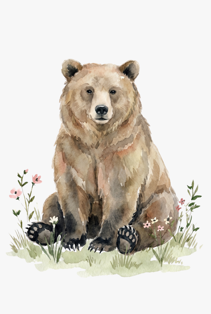 Watercolor brown bear sitting in green grass with pink flowers, wildflower brown bear wall art on white background.