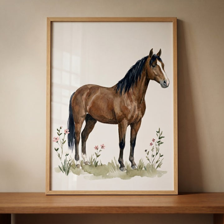 Watercolor wildflower brown horse wall art in a wood frame shows a brown horse in a field with pink flowers.