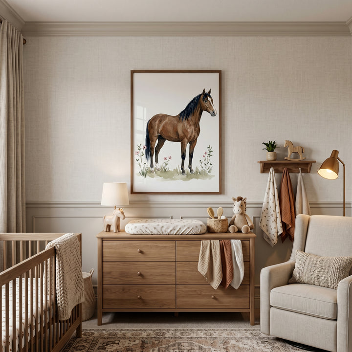 Nursery with wood furniture, a cream glider, and wildflower brown horse wall art hanging above a dresser.