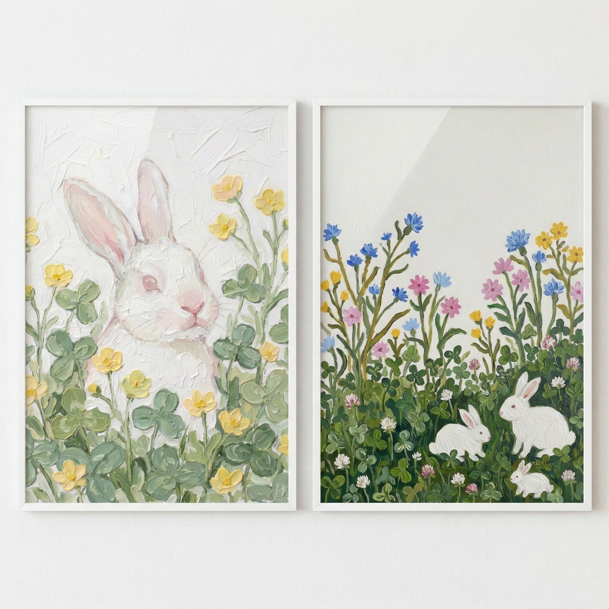 Wildflower Clover White Bunny Wall Art Set of 2 - Wildflower Bunny Meadow