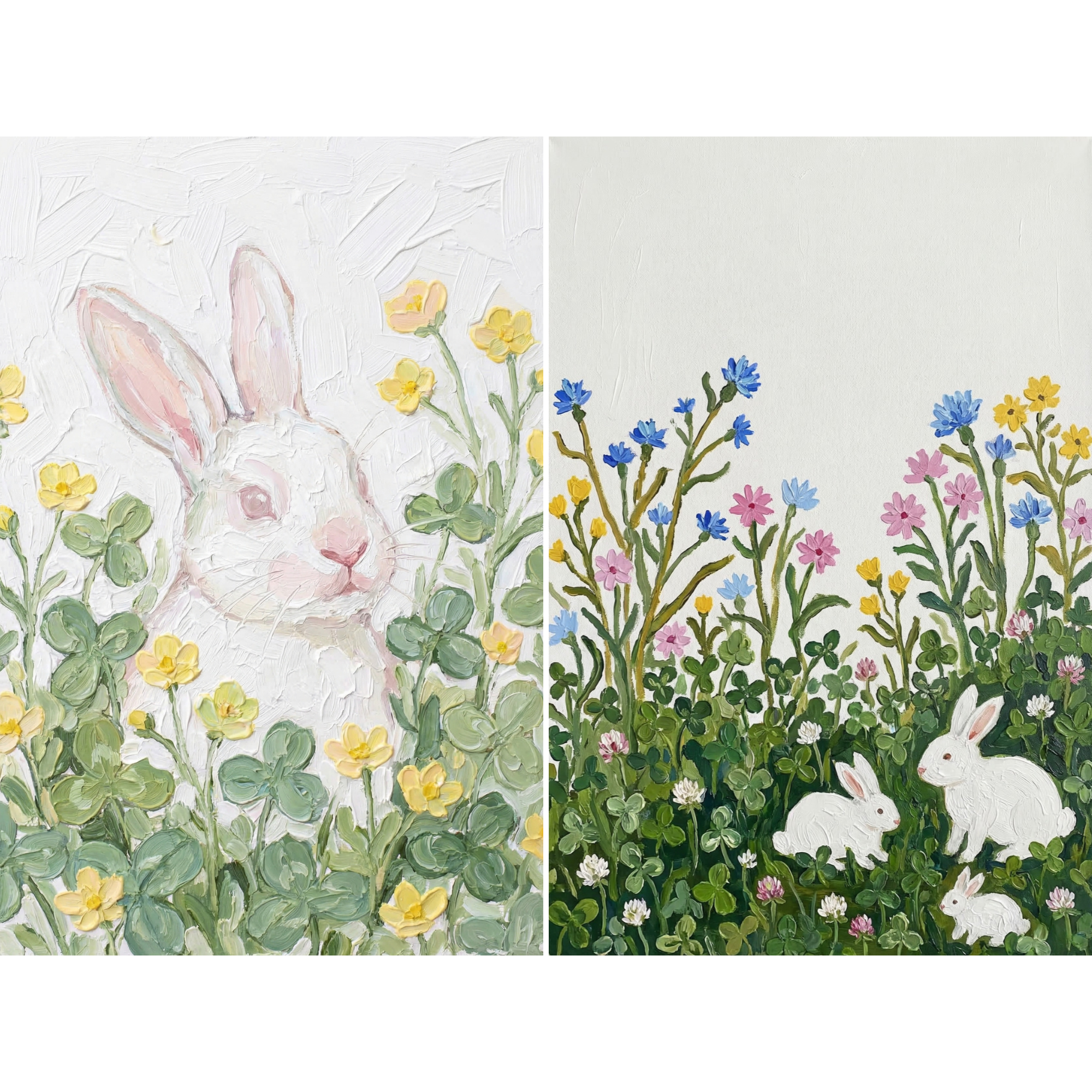 Wildflower Clover White Bunny Wall Art Set of 2 - Wildflower Bunny Meadow