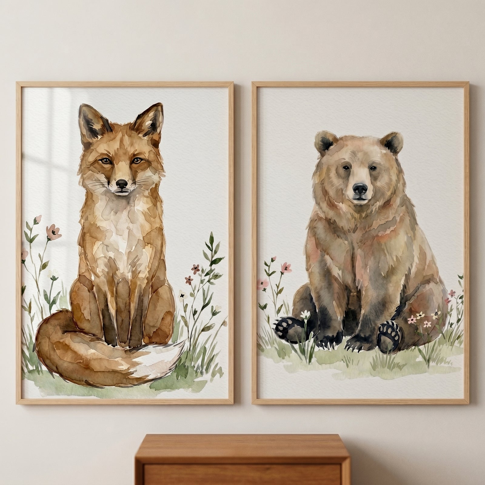 Watercolor fox and bear in a floral field. Wildflower forest woodland animal artwork set of 2.