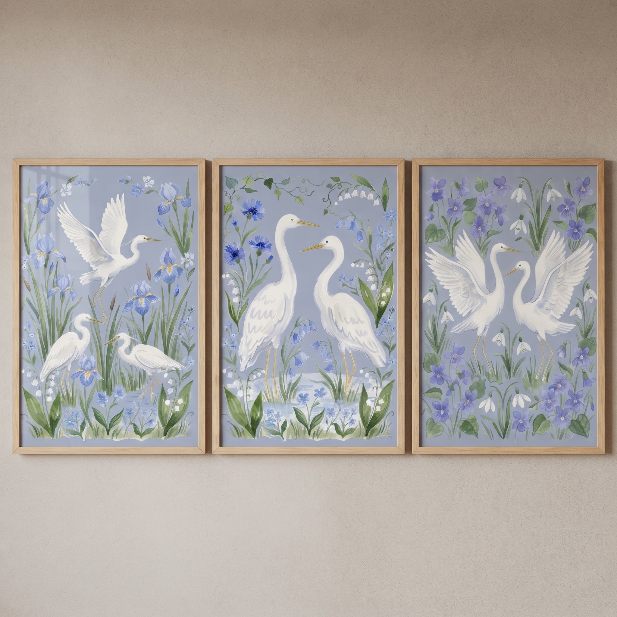 Wildflower Garden White Egret Bird Wall Art Set of 3 - Azure Bird Blooms