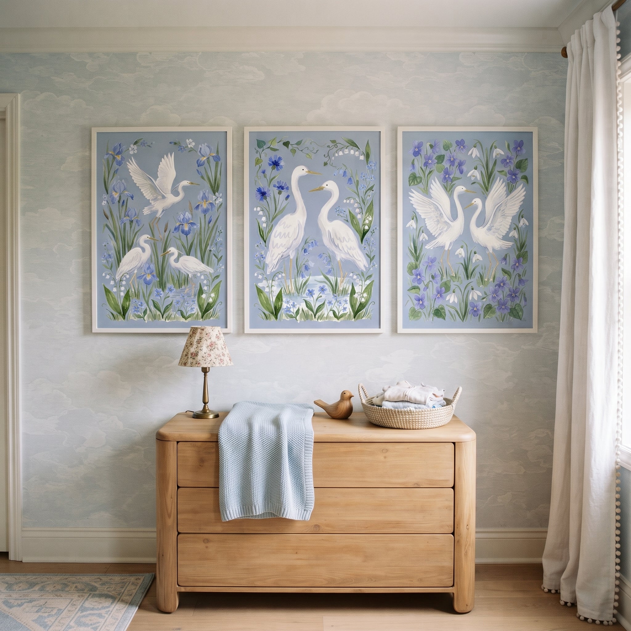 Wildflower Garden White Egret Bird Wall Art Set of 3 - Azure Bird Blooms