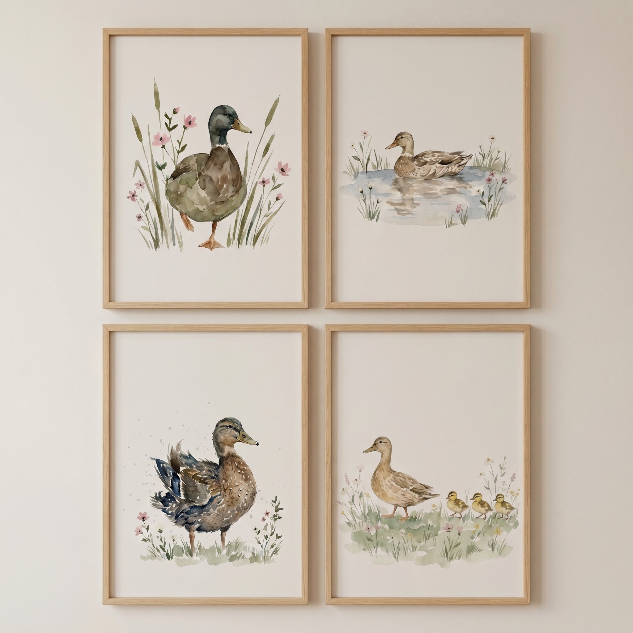 Wildflower Mallard Duck Wall Art Set of 4 - Gentle Waterfowl Art