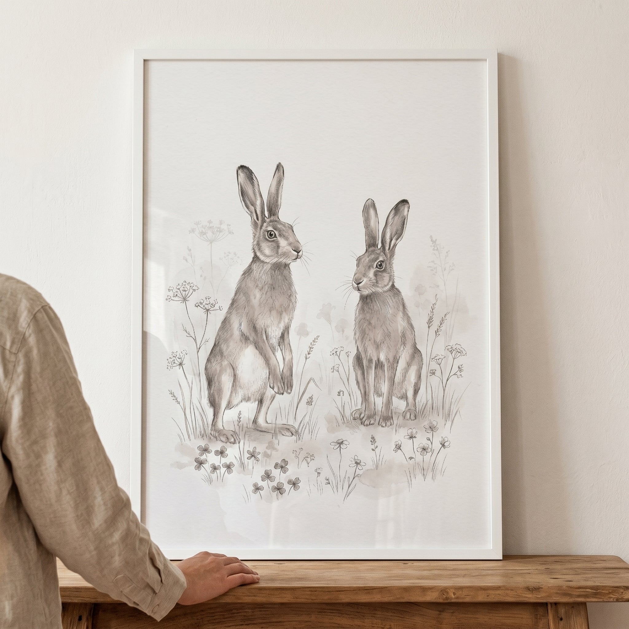 Wildflower Meadow Bunny Wall Art - Meadow Hare Duo