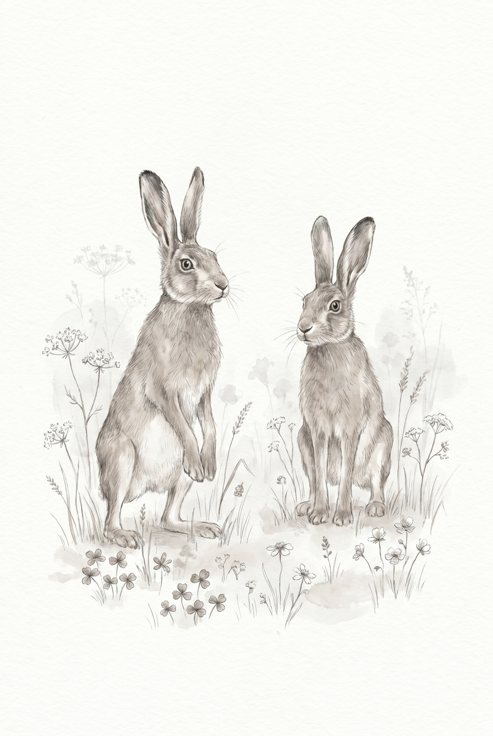 Two hares sit and stand in this wildflower meadow bunny wall art sketch featuring delicate clovers and grasses.
