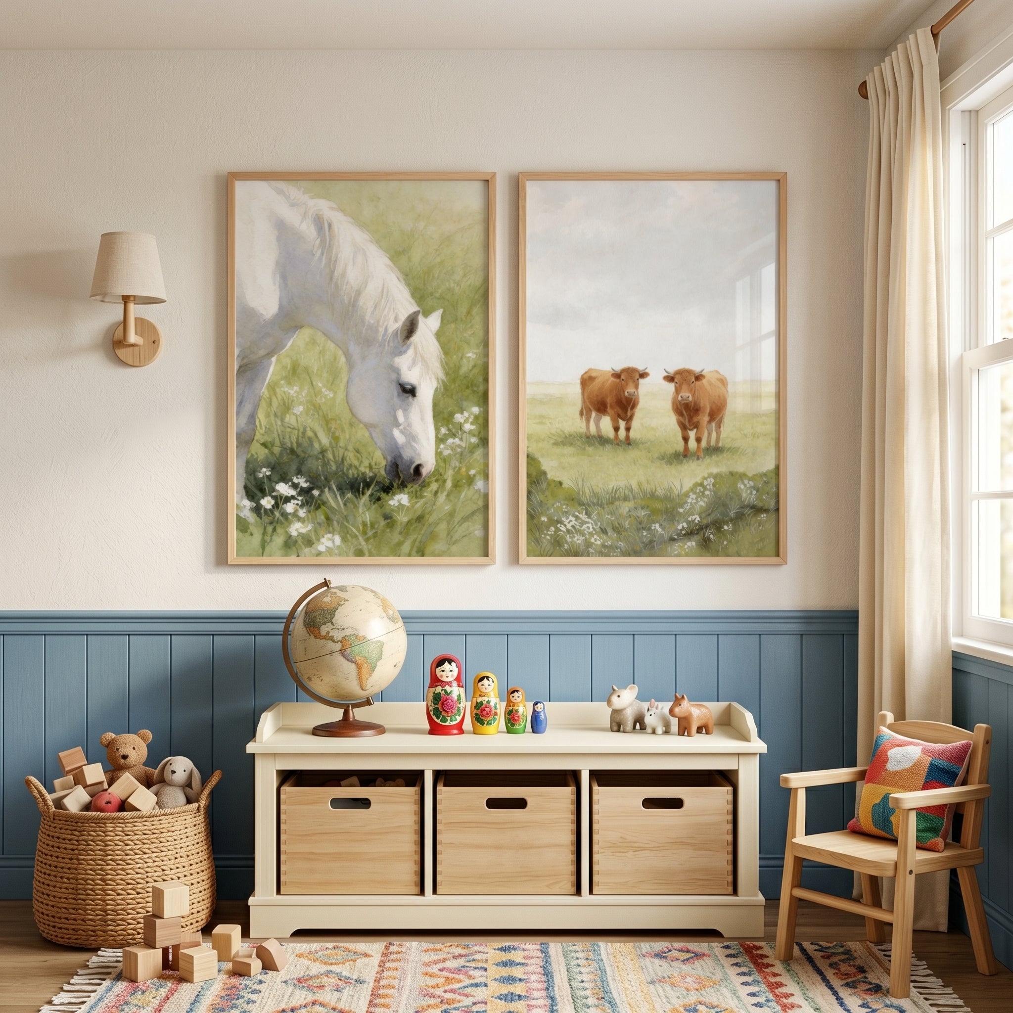 Wildflower Meadow Farm Animal Wall Art Set of 2 - Pastoral Field Friends