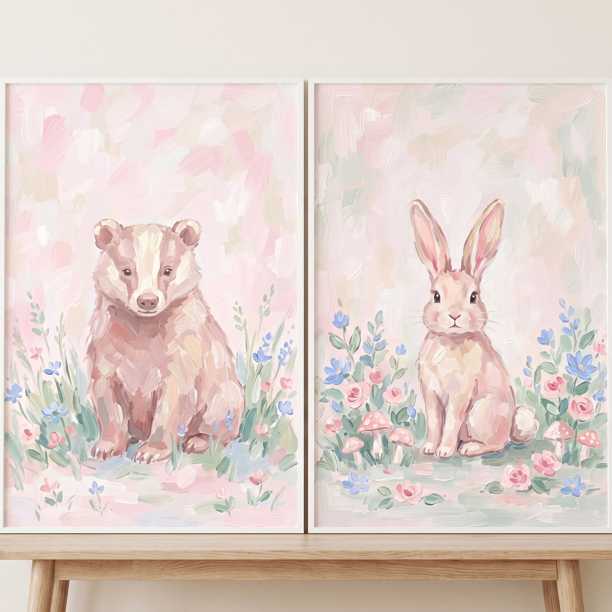 Wildflower Meadow Forest Animals Wall Art Set of 2 - Pastel Meadow Friends