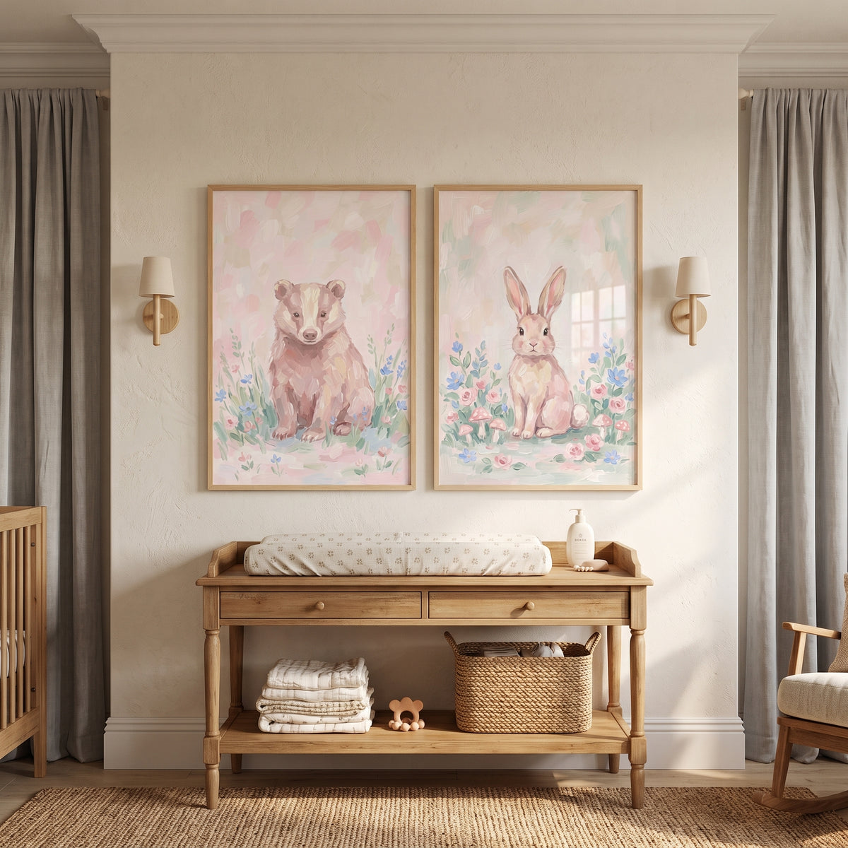 Wildflower Meadow Forest Animals Wall Art Set of 2 - Pastel Meadow Friends