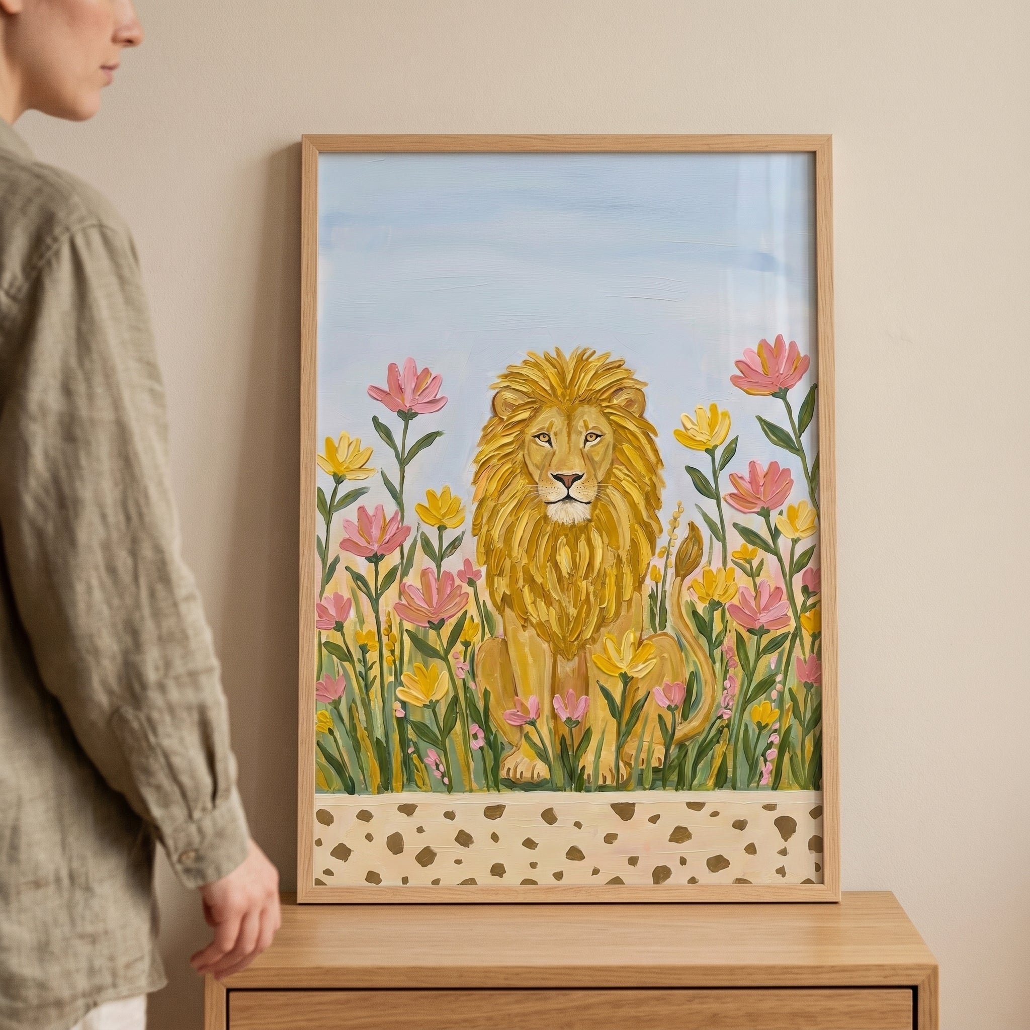 Wildflower Meadow Golden Lion Wall Art - Golden Bloom Lion