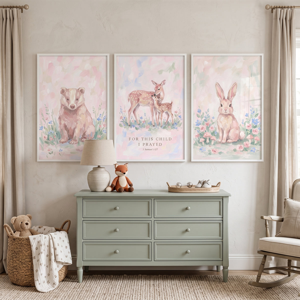 Wildflower Meadow Woodland Animals Wall Art Set of 3 - Nursery Animal Blessing