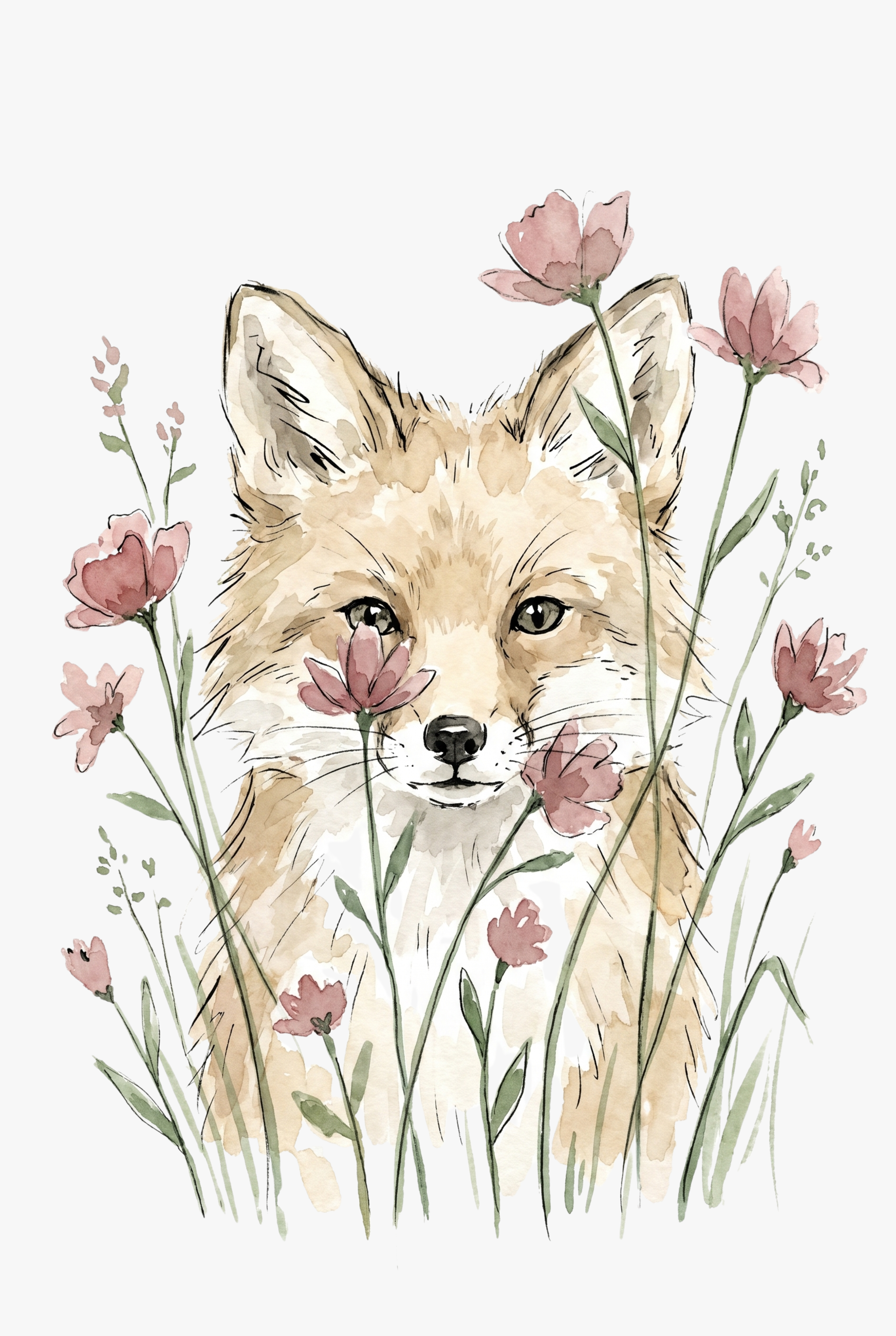 Wildflower Peeking Fox Wall Art - Floral Fox Meadow