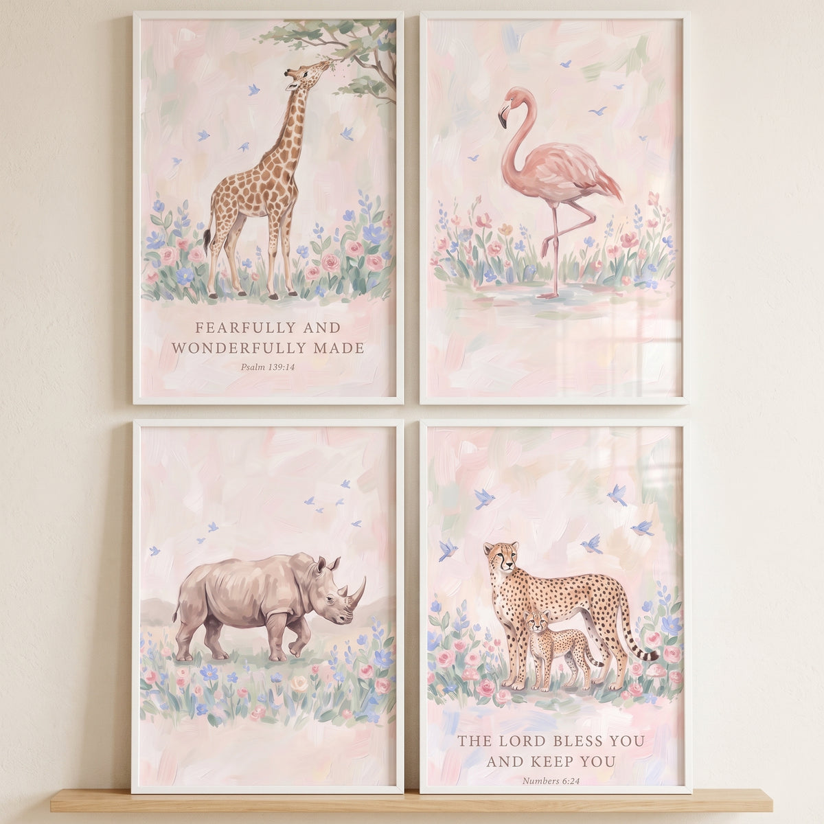 Wildflower pink safari animals wall art set of 4 featuring a giraffe, flamingo, rhino, cheetahs, and scripture verses.