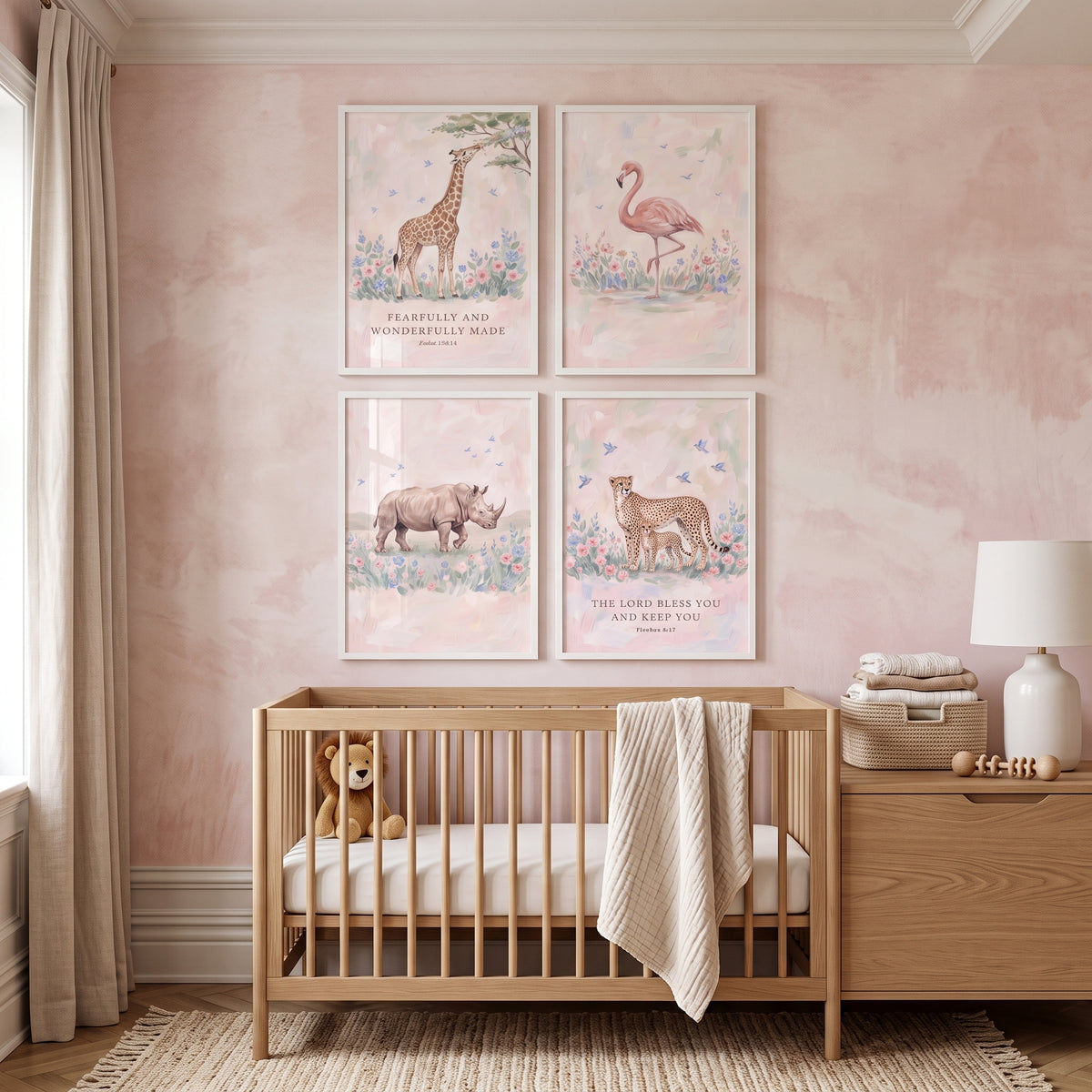 Wildflower Pink Safari Animals Wall Art Set Of 4 - Pastel Wildlife Blessings
