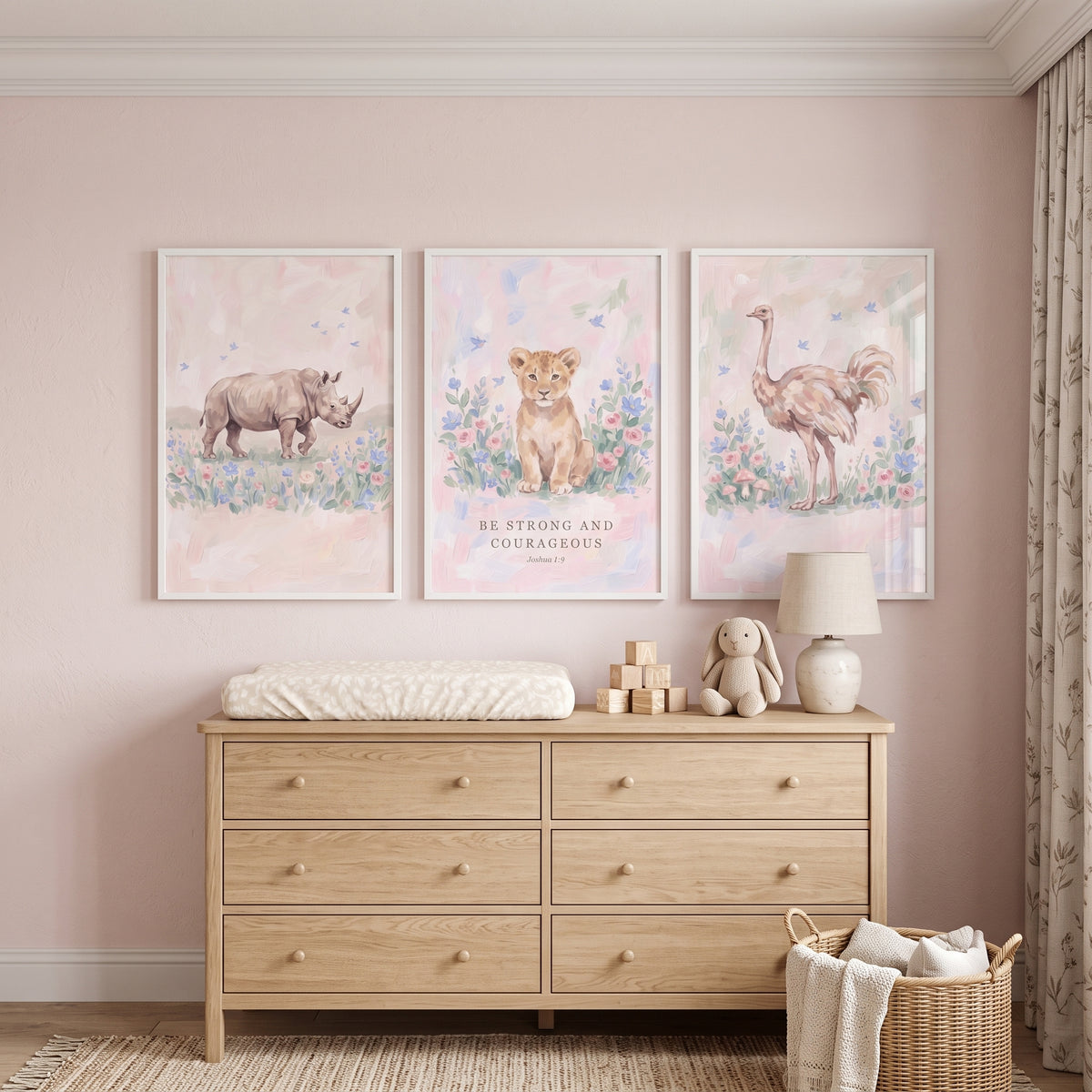 Wildflower Pink Savanna Animals Wall Art Set of 3 - Soft Pastel Safari
