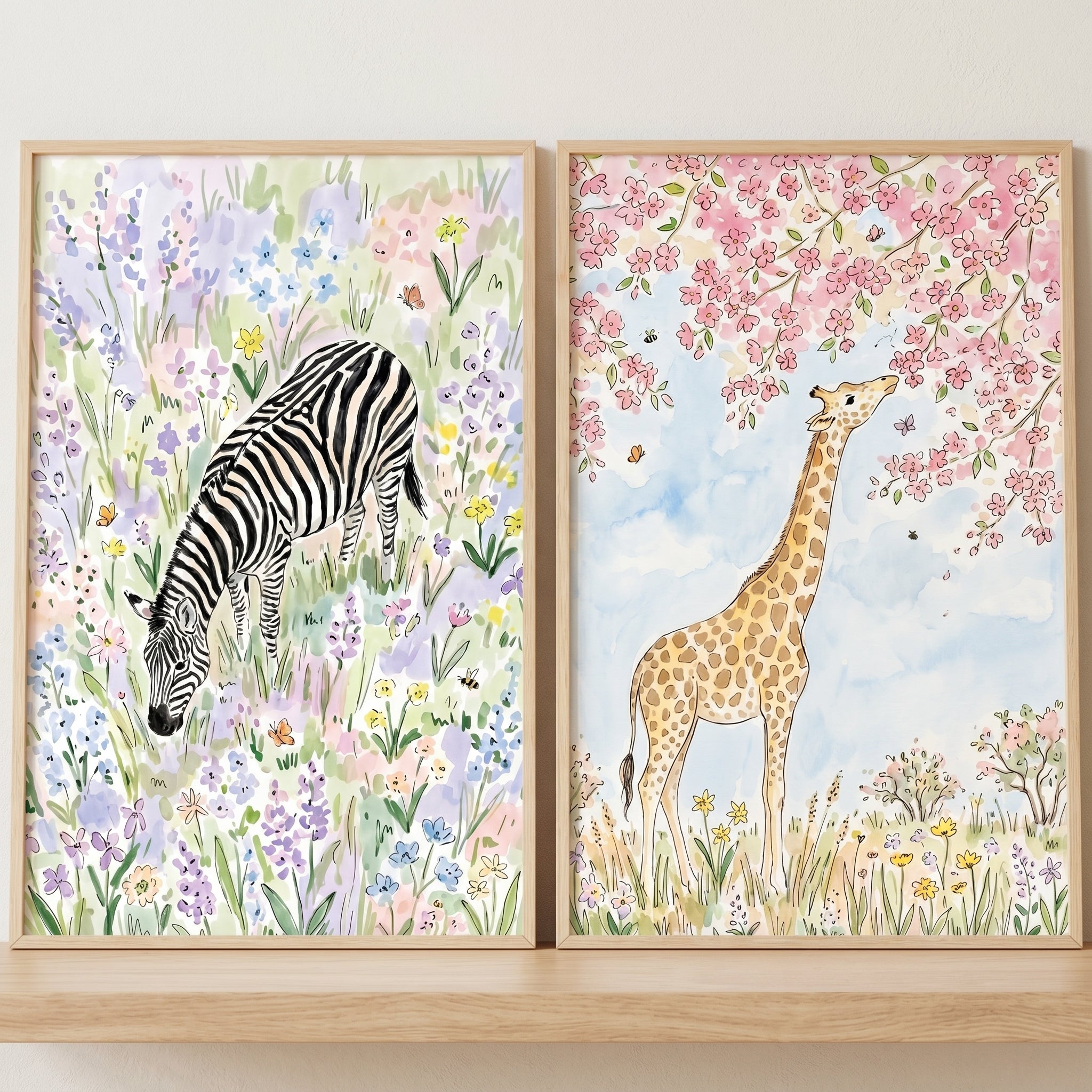Wildflower Safari Animal Wall Art Set of 2 - Safari Blossom Dreams