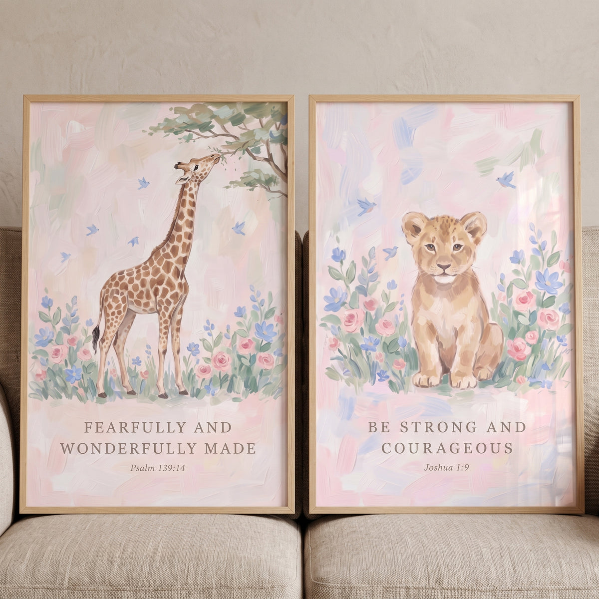 Wildflower scripture safari animals bible wall art set of 2 featuring a giraffe and lion cub among soft pastel blossoms.