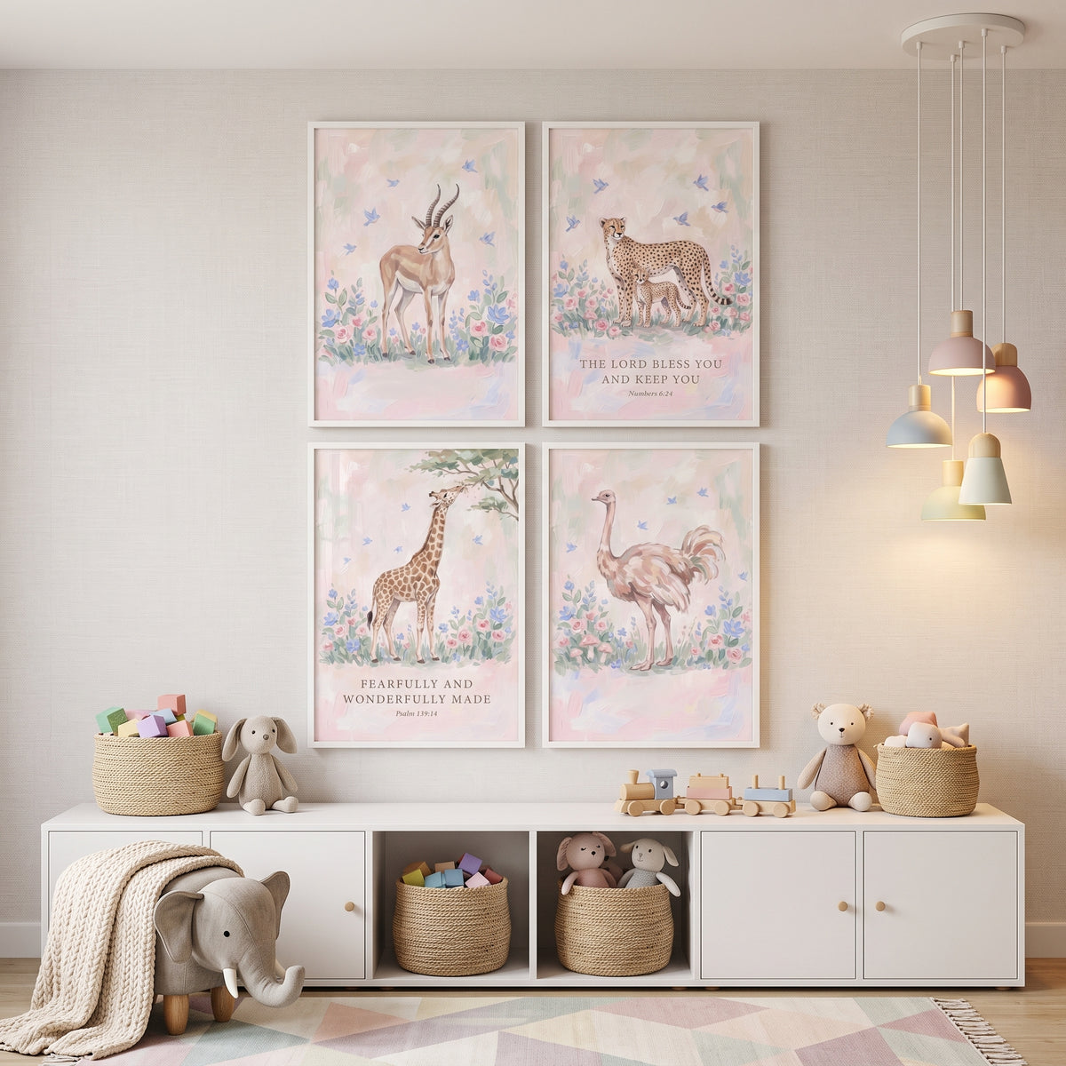 Wildflower Songbird Safari Animals Wall Art Set of 4 - Sacred Savannah Art