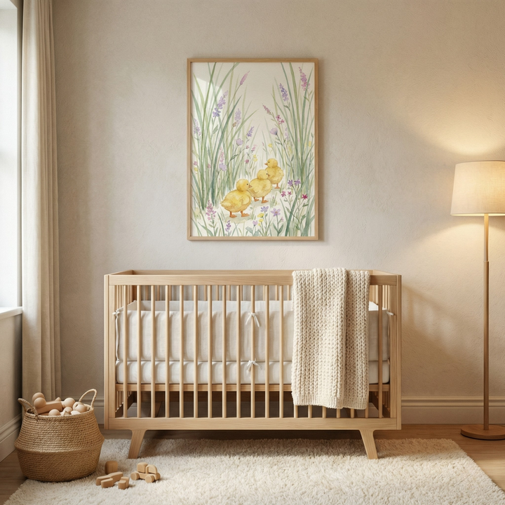 A serene nursery features a light-colored wooden crib centered against a neutral-toned wall. Inside the crib is a white bumper, and a textured, cream-colored knitted blanket hangs over the side. 

Above the crib, a large framed artwork depicts three small, fluffy yellow ducklings wandering through a meadow of tall green grass and purple wildflowers. To the right, a minimalist floor lamp with a wooden base and a simple lampshade provides a soft, warm light. 