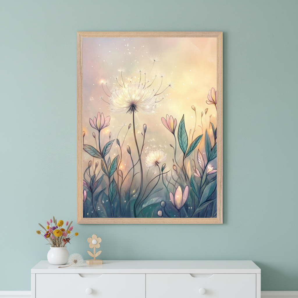 Modern room with teal wall and white dresser. Large framed print of whimsical field of dandelions and pink flowers with glowing details, in illustrative style, hangs centered above dresser. Vase of dried flowers and wooden flower decor on dresser.