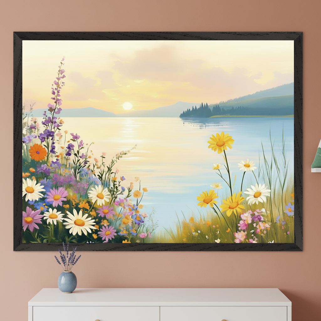 Modern room with a light green wall and white console table. A large framed landscape painting hangs centered above the console table, depicting colorful wildflowers by a lake at sunset with distant mountains.