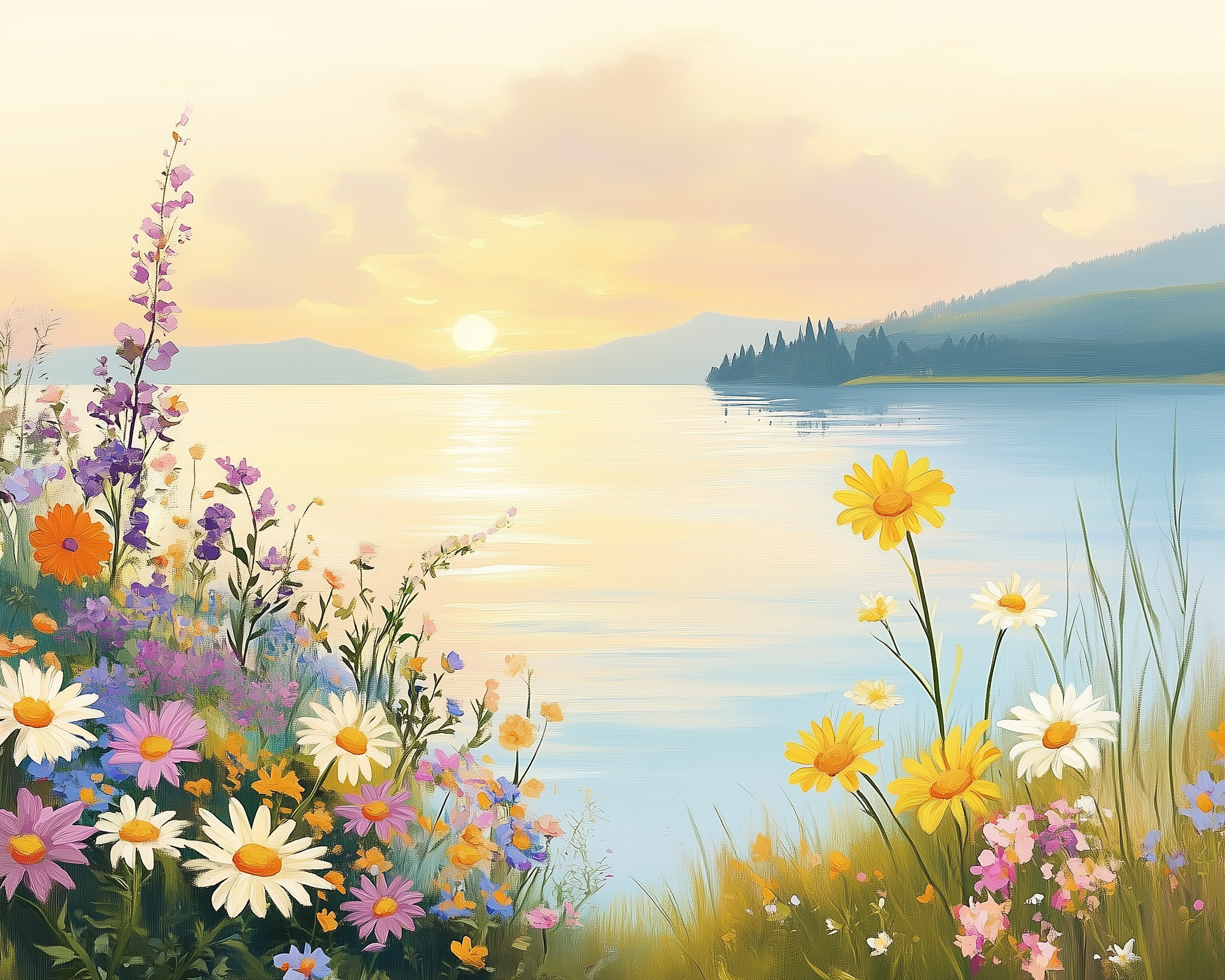 A vibrant array of wildflowers, including daisies and yellow blooms, decorates the foreground beside a serene lake reflecting the soft hues of a sunset, with distant mountains and trees silhouetted against the sky.