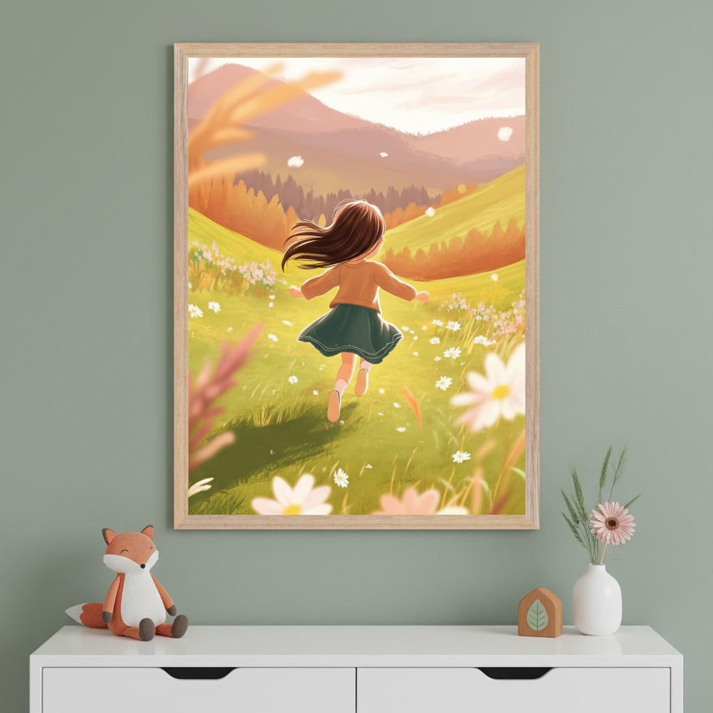 Kid's bedroom with a white dresser. A vertical framed illustration of a girl in a green skirt running through a sunny meadow with white flowers and distant mountains hangs above the dresser.