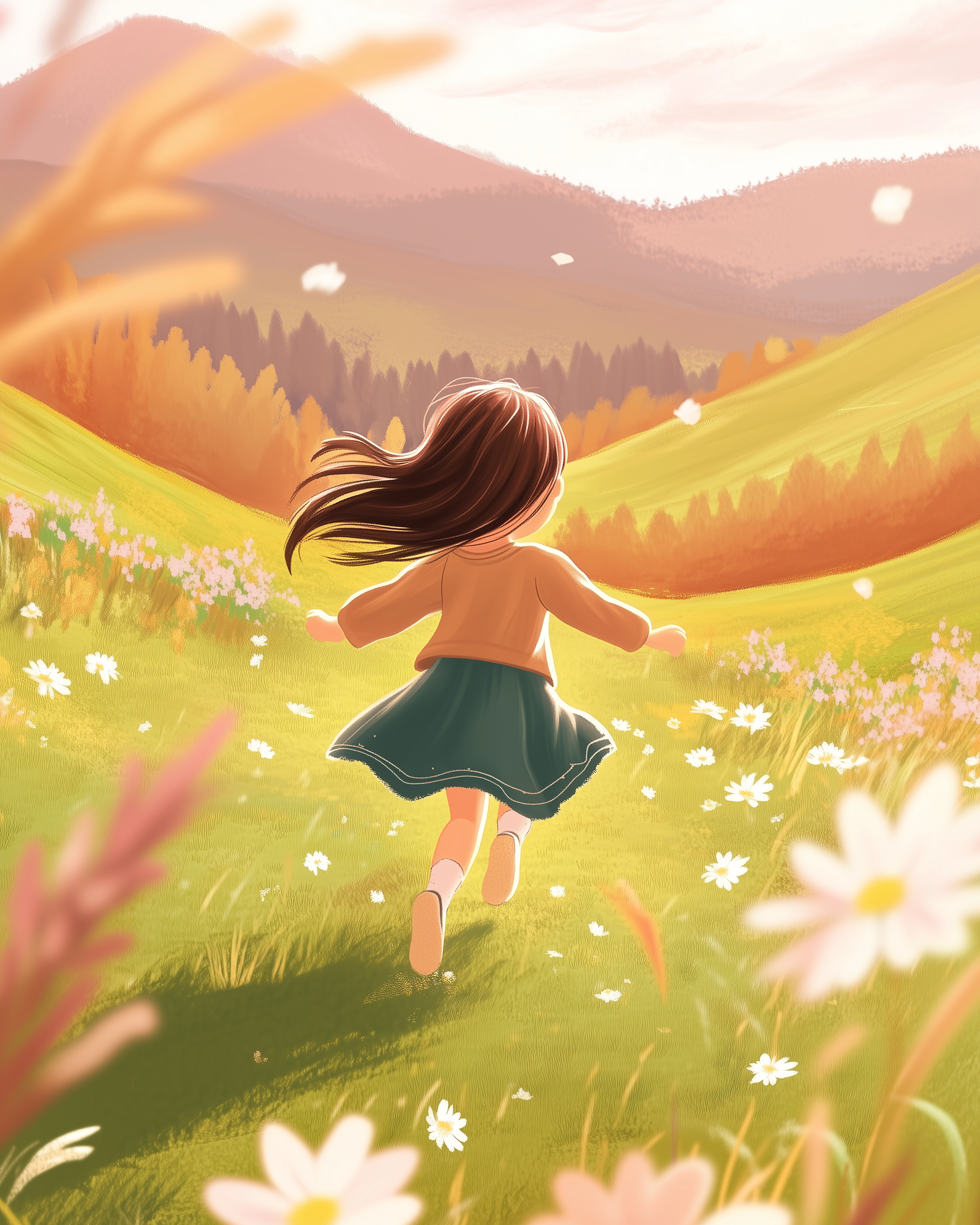 A young girl with flowing hair runs joyfully through a sunlit meadow filled with white daisies, surrounded by rolling green hills and distant mountains under a softly glowing sky.