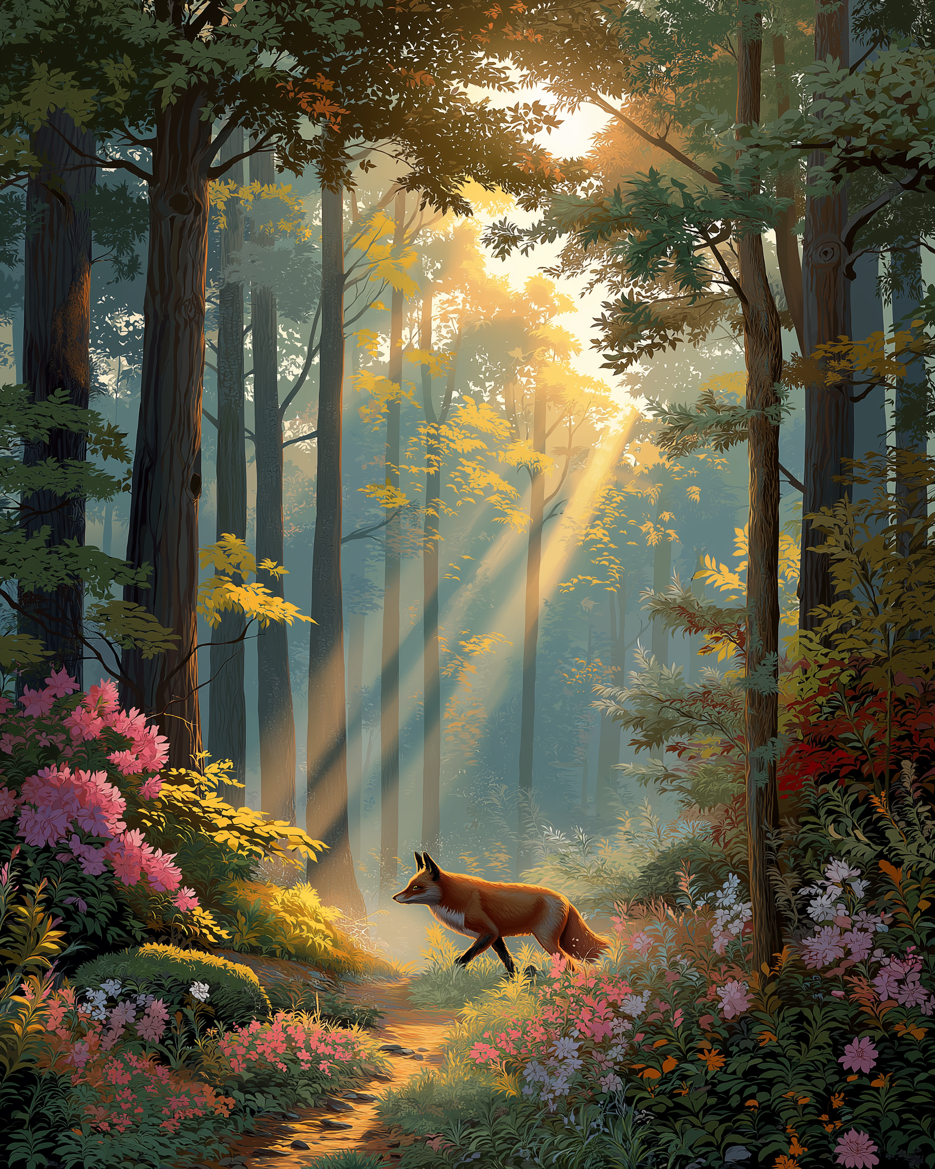 A red fox gracefully walks along a sunlit forest path, surrounded by vibrant pink and white flowers. Sunbeams filter through the tall trees, casting a warm, golden glow over the lush greenery.