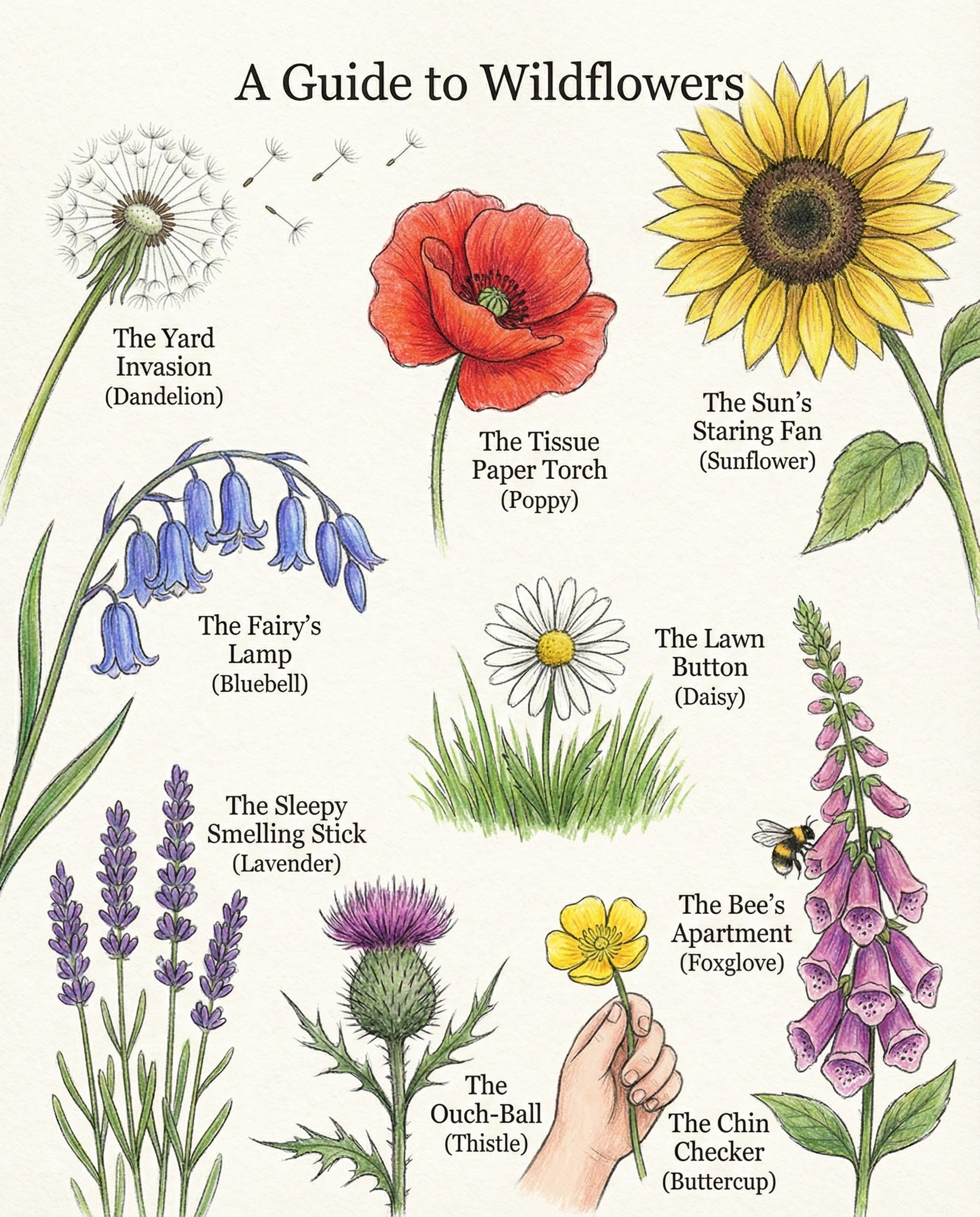 An educational and whimsical illustration of various wildflowers, including "The Yard Invasion" (dandelion) and "The Bee’s Apartment" (foxglove). This charming and informative guide adds a lighthearted spin to botanical art, making it a perfect fit for nature enthusiasts and anyone who loves the beauty of wildflowers.
