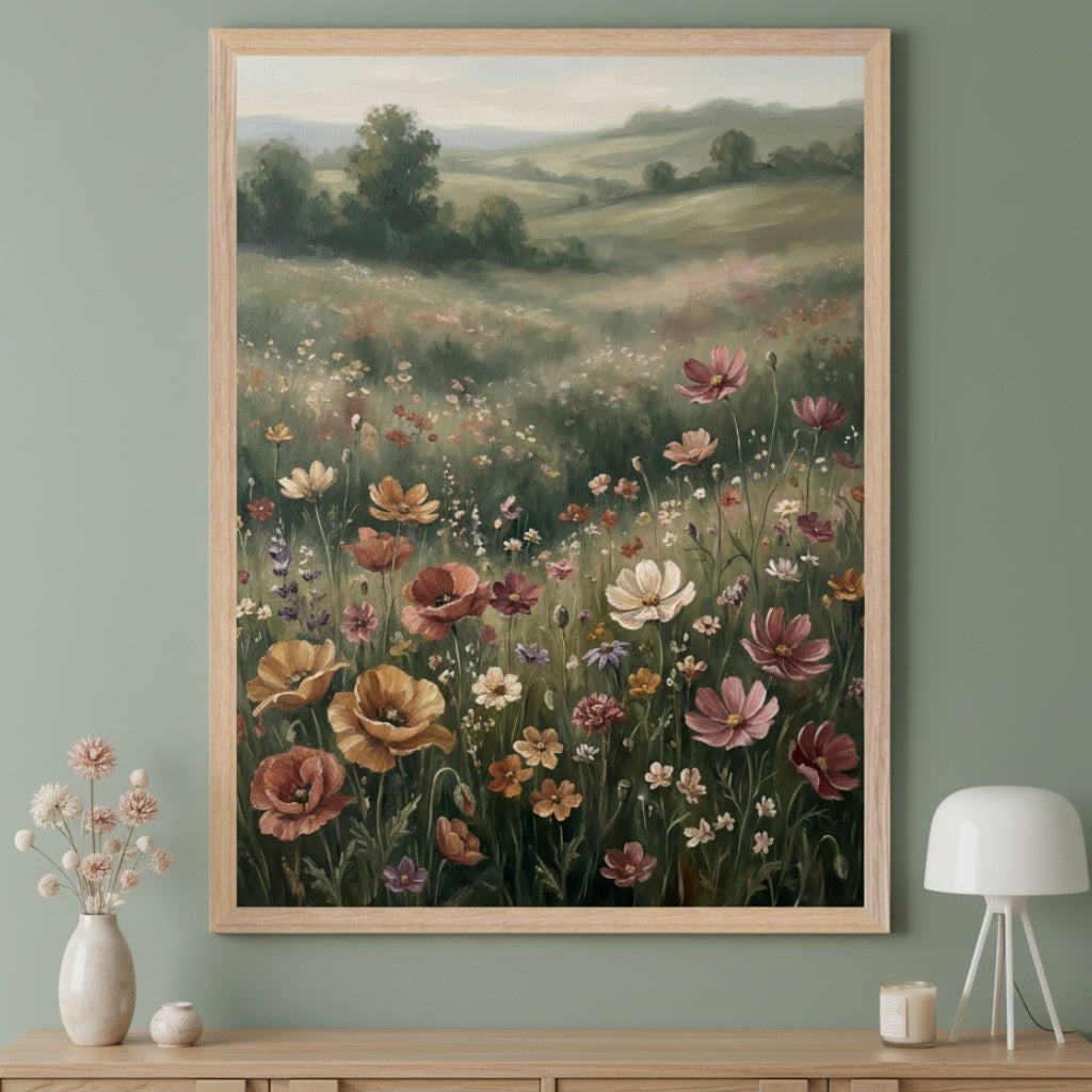 Living room with a light wood dresser. A large light wood framed oil painting of a wildflower field with poppies and cosmos against a misty green landscape hangs centered above the dresser. A white vase with dried flowers is on the left, and a white lamp on the right.