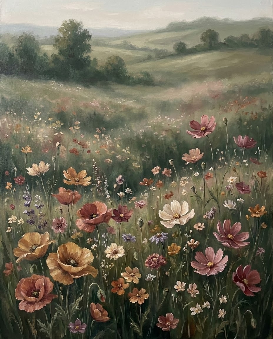 Serene countryside landscape painting with rolling hills and a colorful field of blooming wildflowers capturing peaceful rural charm as floral wall art
