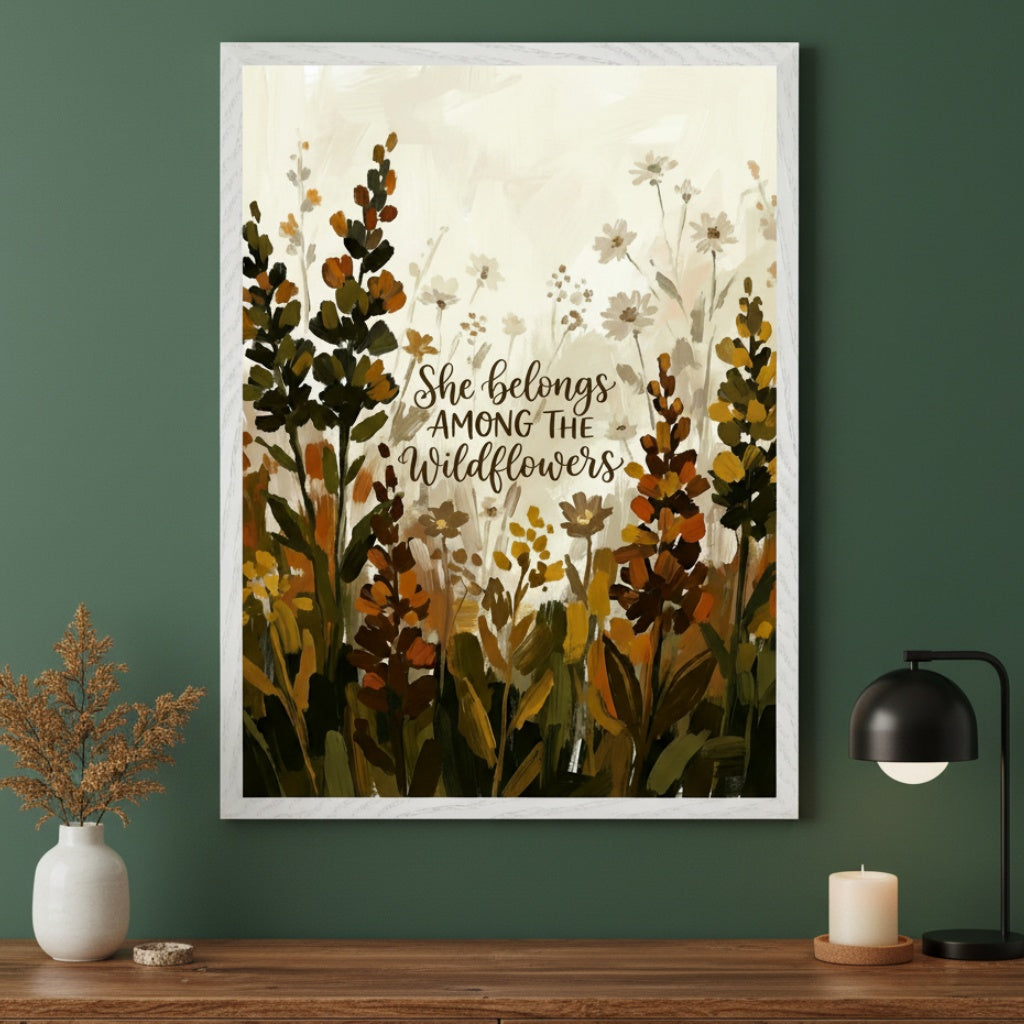 Modern room with a large framed print centered on a dark green wall, above a wooden table. The print features painterly wildflowers in earthy tones and a quote "She belongs AMONG THE Wildflowers". A white vase with dried plants and a black lamp are on the table.