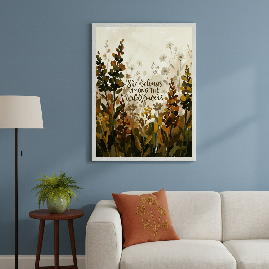 Living room with a blue wall, white sofa, and wooden side table. A framed abstract painting of wildflowers in earthy tones with the text "She belongs AMONG THE Wildflowers" hangs centered above the sofa.