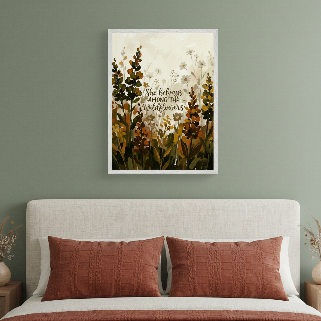 Modern bedroom with a light-colored upholstered headboard and rust-colored pillows. A framed vertical painting of wildflowers with text "She belongs among the Wildflowers" in an earthy, painterly style hangs above the bed.