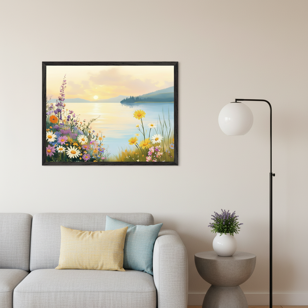 Modern living room with a light gray sofa, yellow and light blue pillows, and a round side table. A black-framed painting depicting a sunset over a lake with vibrant wildflowers in the foreground hangs on the wall above the sofa. A white globe floor lamp stands right.